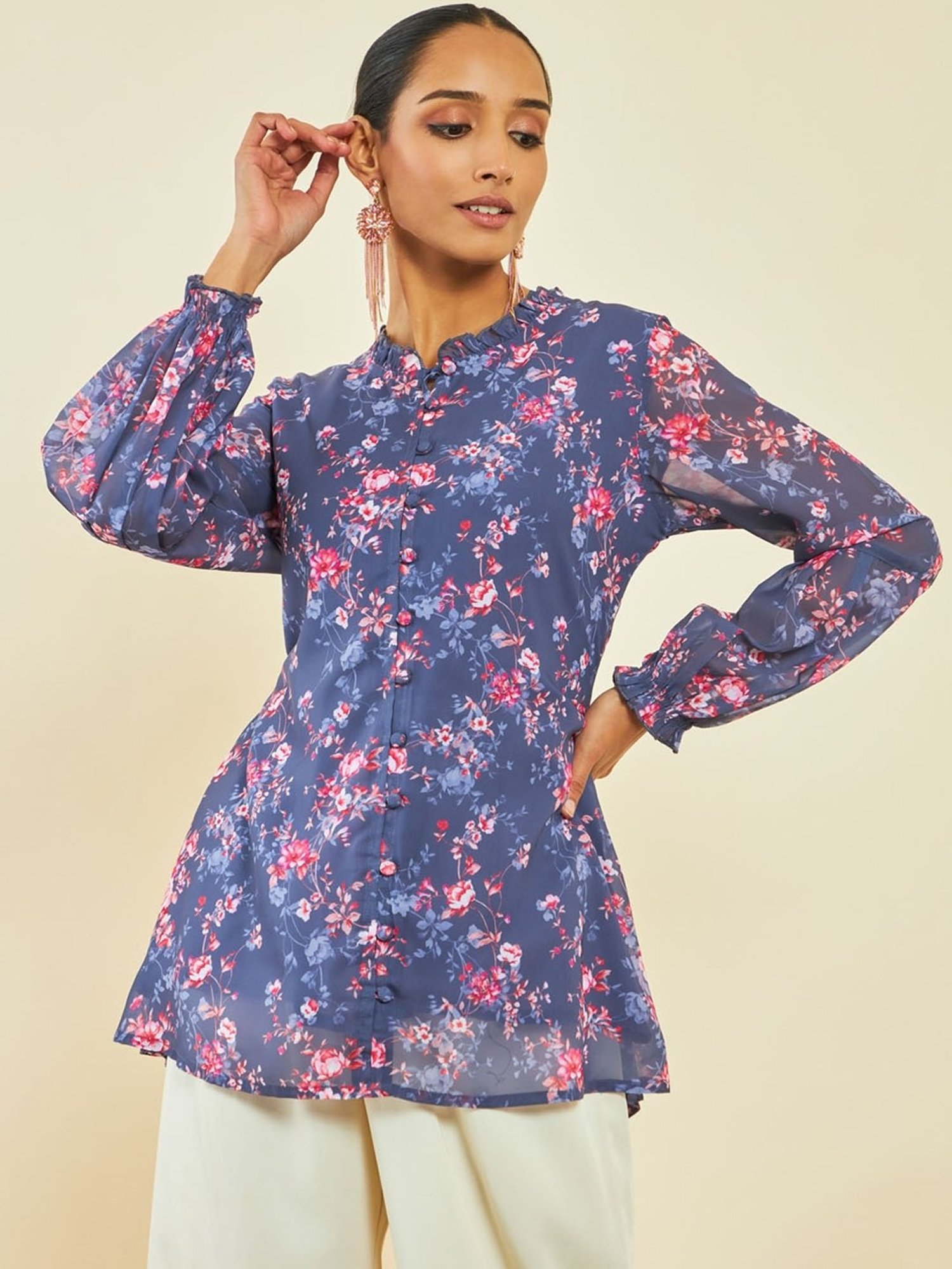 Soch Purple Georgette Floral Print Tunic with Puff Sleeves
