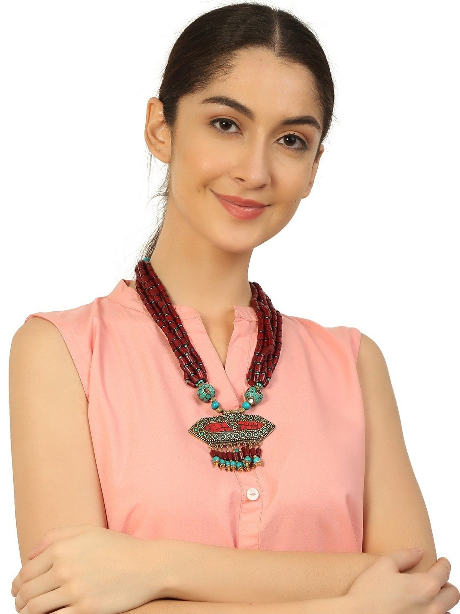 Imli Street Maroon Long Beaded Handcrafted Necklace