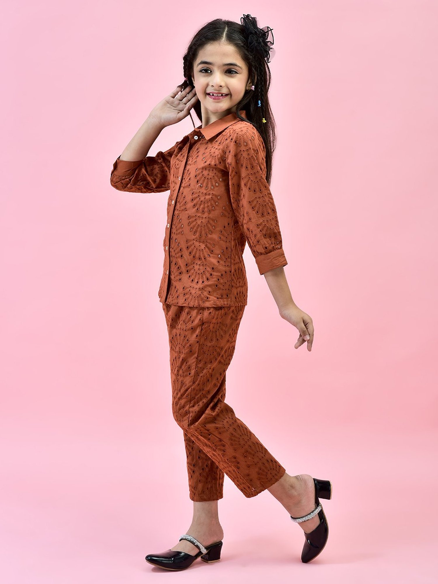 Juniper Girls Rust Self Design Shirt With Pants
