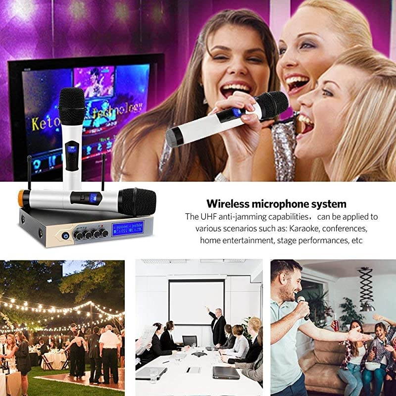 Bluetooth Wireless Microphone UHF Dual Channel Karaoke Microphone System with LCD Display Handheld Microphone with Karaoke Mixer for Home Party Karaoke Meeting Outdoor Wedding