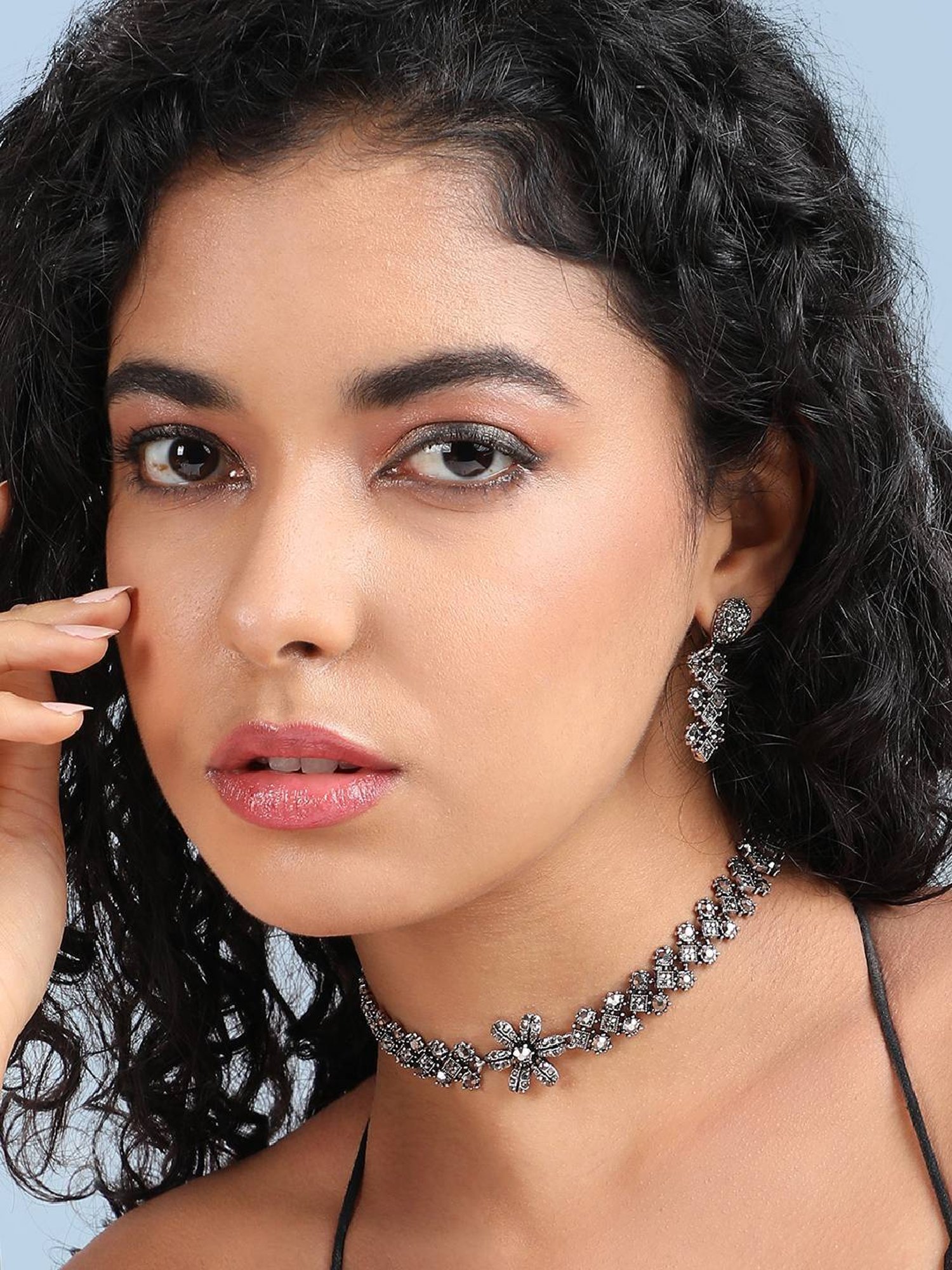 Sohi Women's Crystal Daisy Jewellery Set - Dark Silver