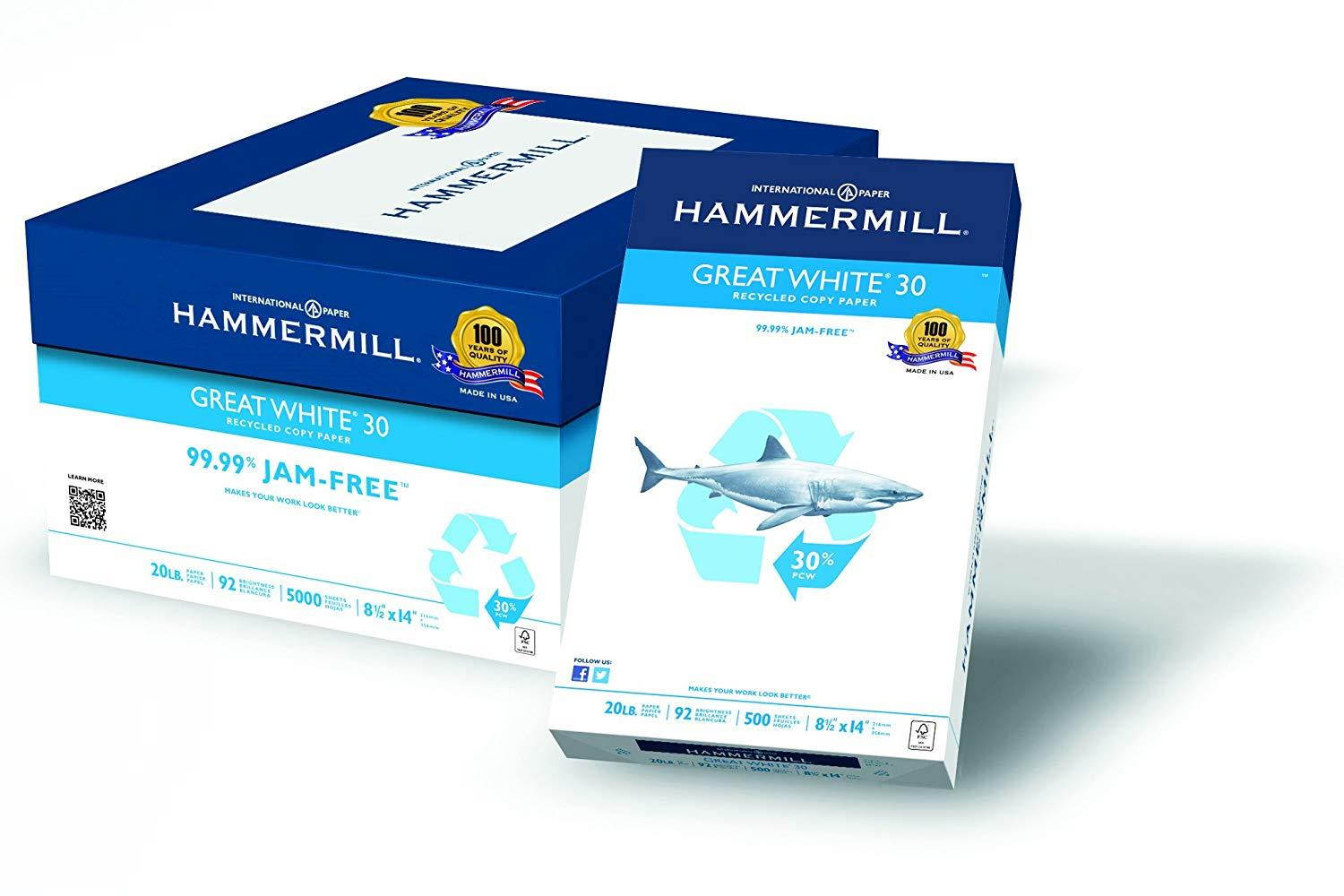 Hammermill Paper, Great White 30% recycled copy paper, 8.5 x 14 paper, Legal size, 20lb paper, 92 Bright, 10 Ream Case / 5,000 Sheets (086704C) Acid Free Paper