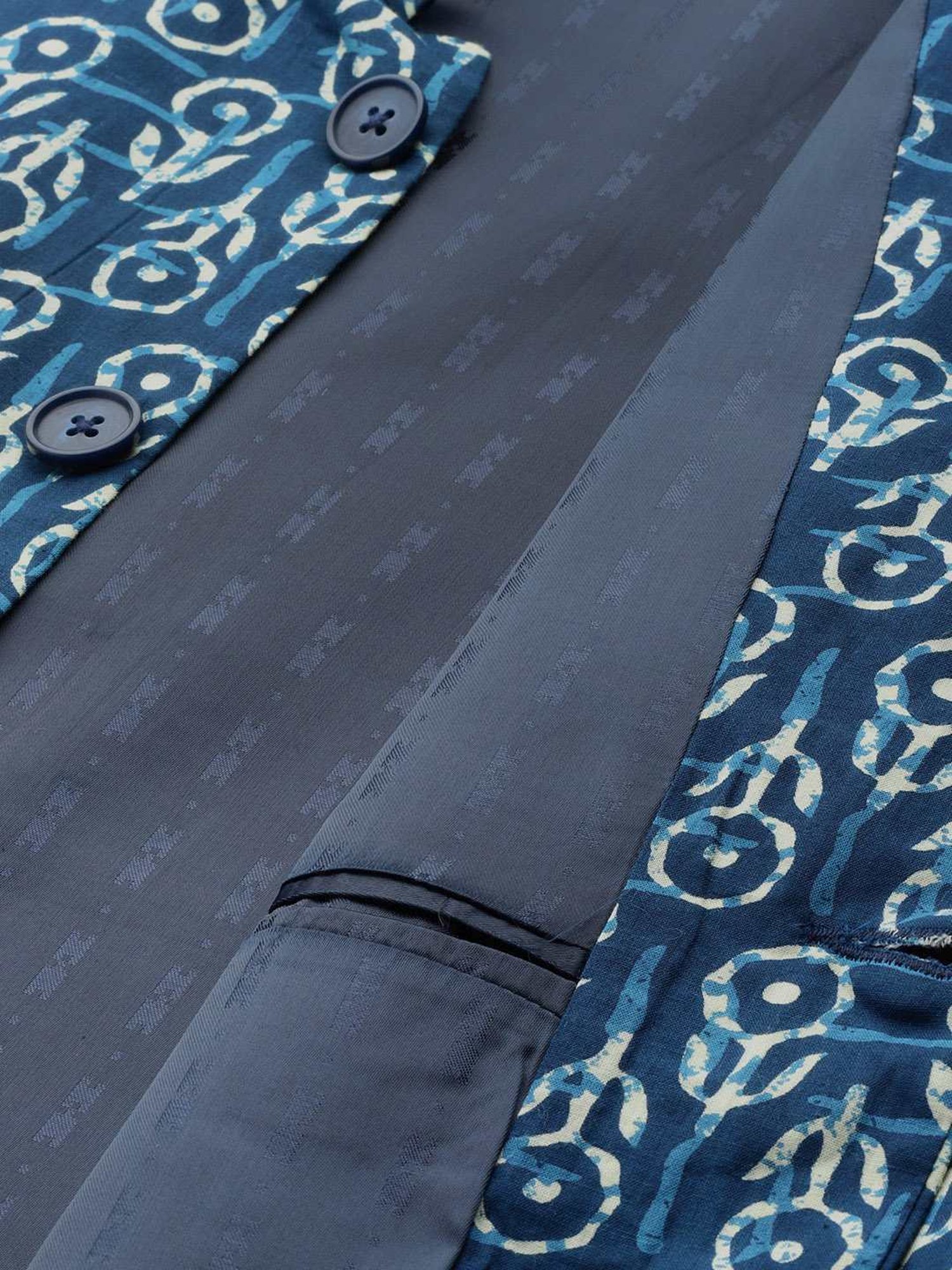 See Designs Blue Cotton Regular Fit Printed Nehru Jacket