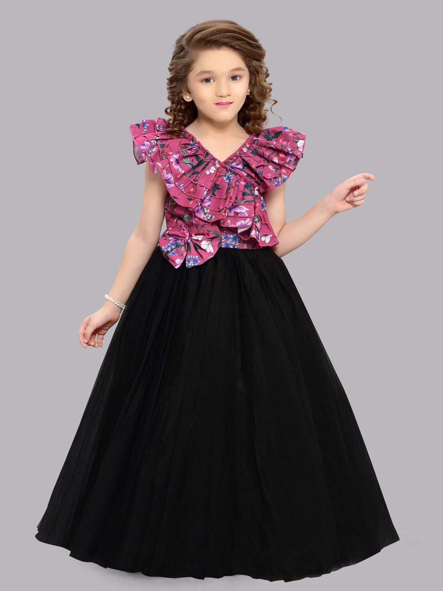 Pink Chick Kids Pink & Black Floral Party Gowns