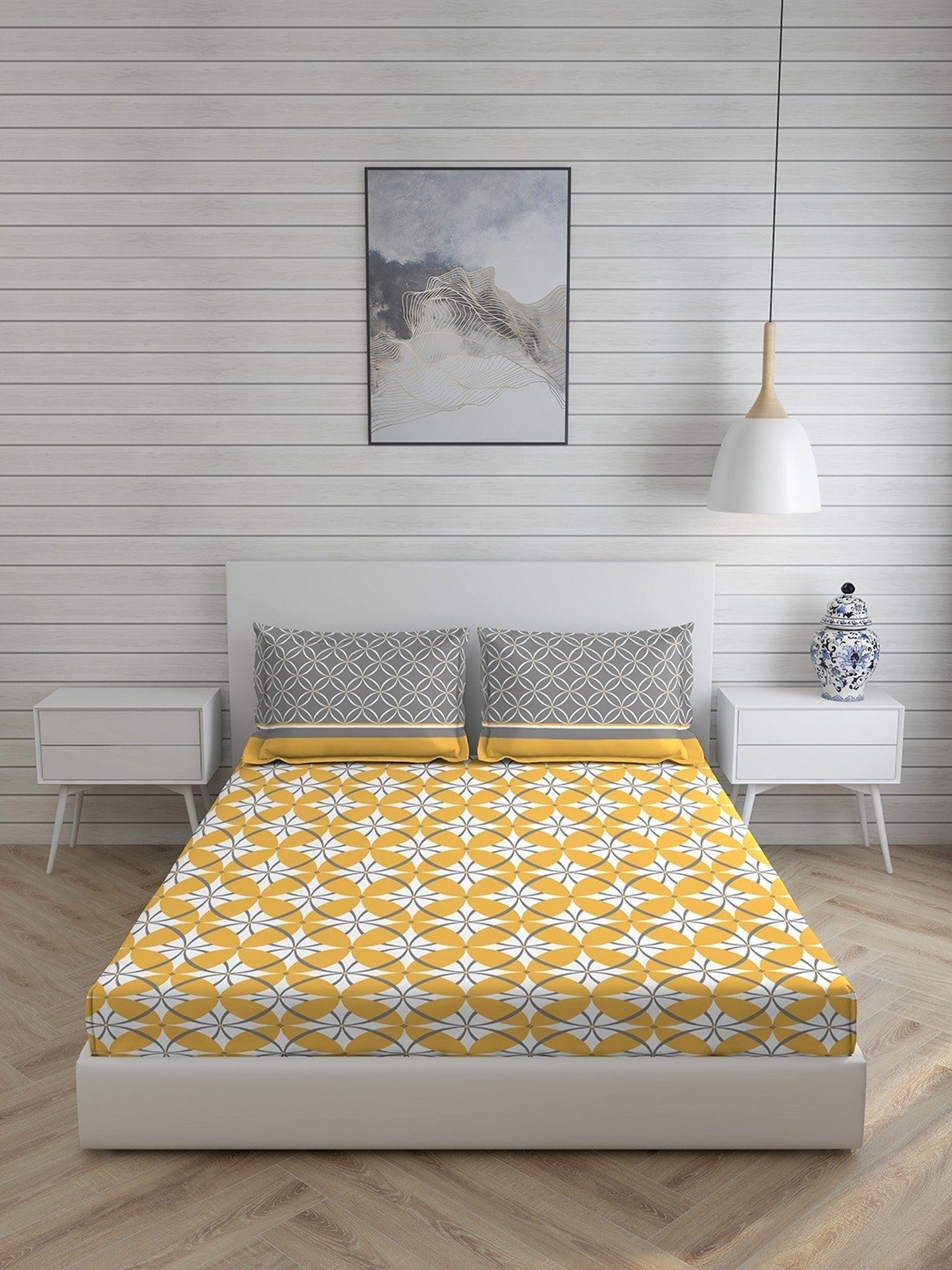 Layers Siena Printed Yellow 225 TC Cotton Double Bed Sheet with 2 Pillow Covers
