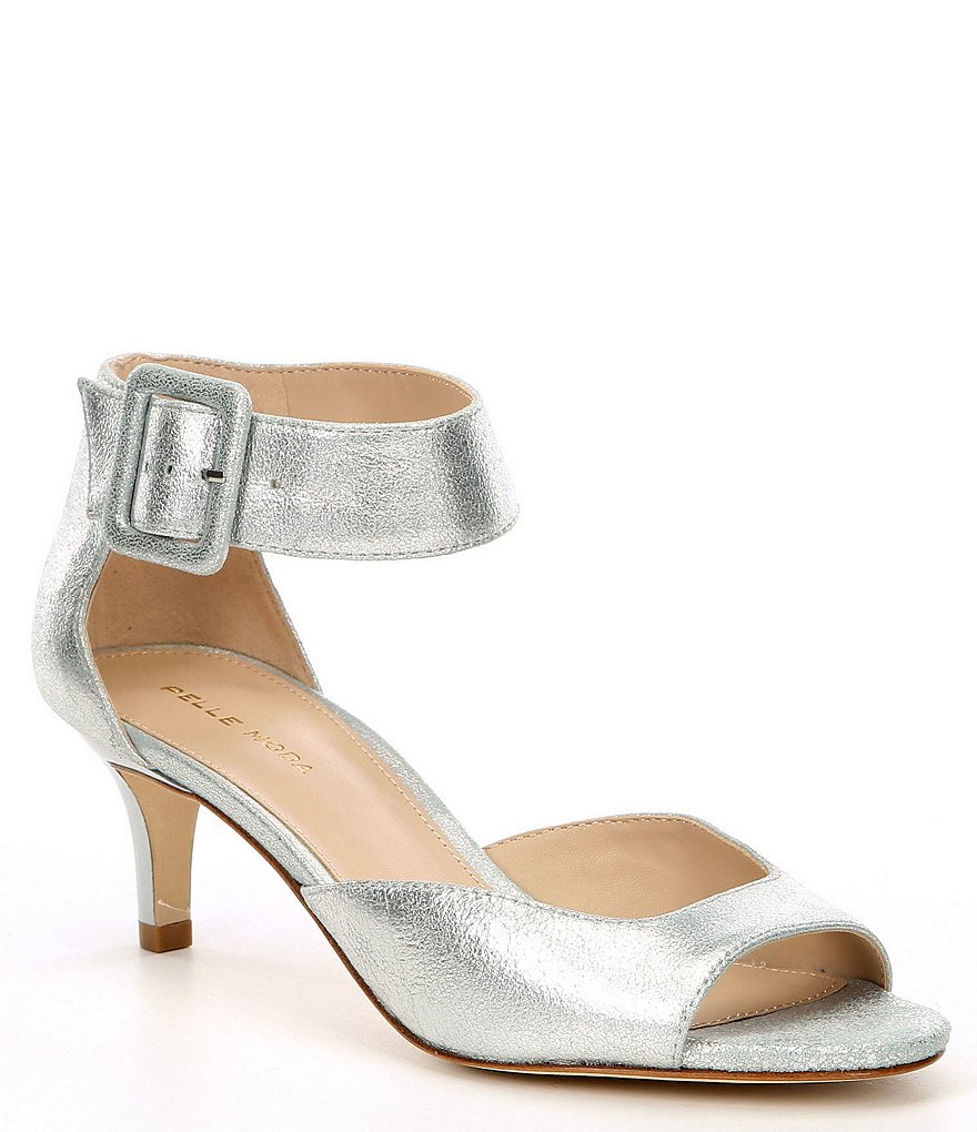 Pelle Moda Berlin Metallic Leather Ankle Strap Kitten-Heel Dress Sandals