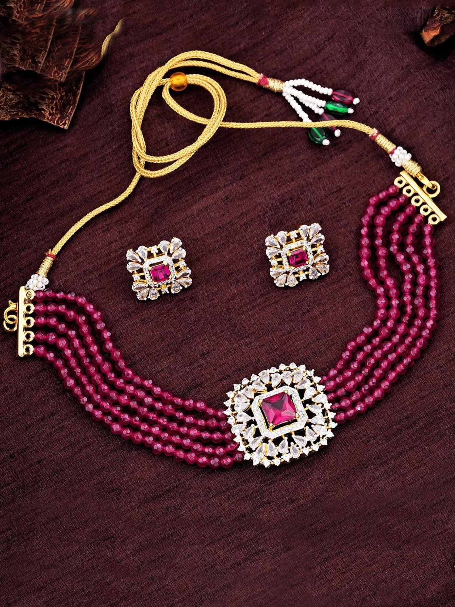 Estele Gold-Plated CZ Ruby And Red Beads Choker Square Necklace Set For Women