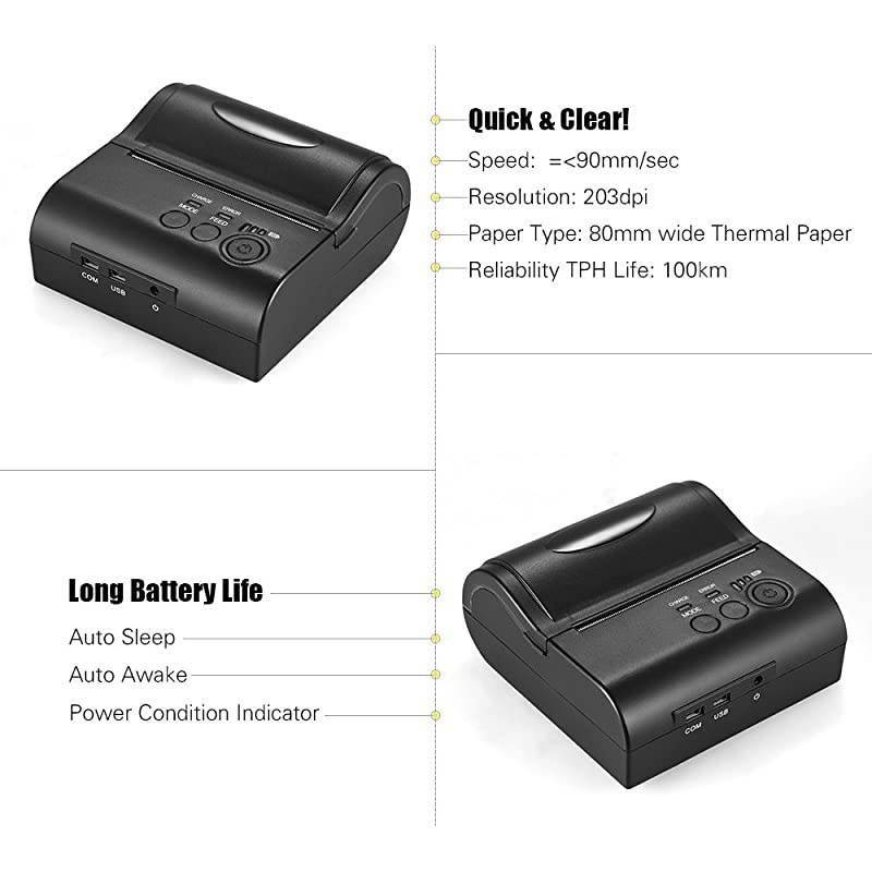 POS-8001DD 80mm Mini Portable Wireless Thermal Printer Receipt Bill Ticket POS Printing for Android iOS Windows