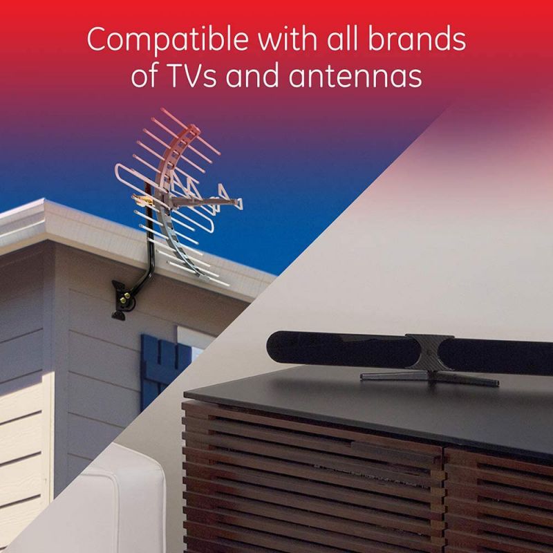 GE 4-Way TV Antenna Amplifier Splitter Clears Up Pixelated Low-Strength Channels Distributes Signal to Multiple TVs 50-1006MHz Low Noise Antenna Signal Booster HD Digital VHF UHF Indoor 34479