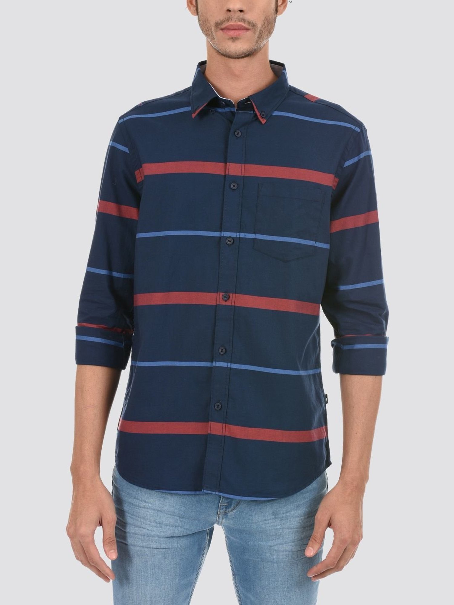 London Fog Navy Blue Regular Fit Striped Shirt