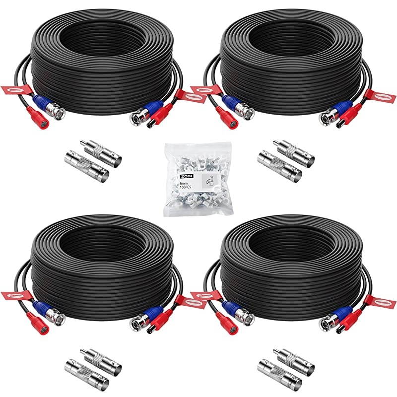 4 Pack 100ft 30 Meters 2in1 Video Power Cable BNC Extension Surveillance Camera Cables for Video Security Systems Included 4X BNC Connectors and 4X RCA Adapters