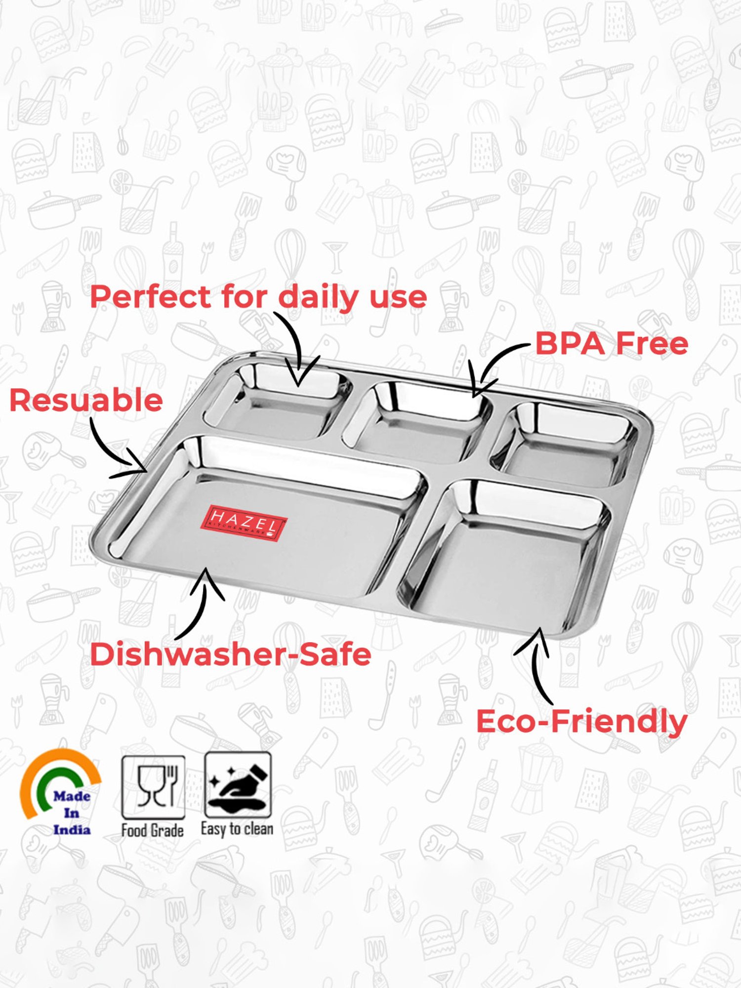 HAZEL Stainless Steel 5 Compartment Mess Plate Rectangle Bhojan Thali with Square Holes
