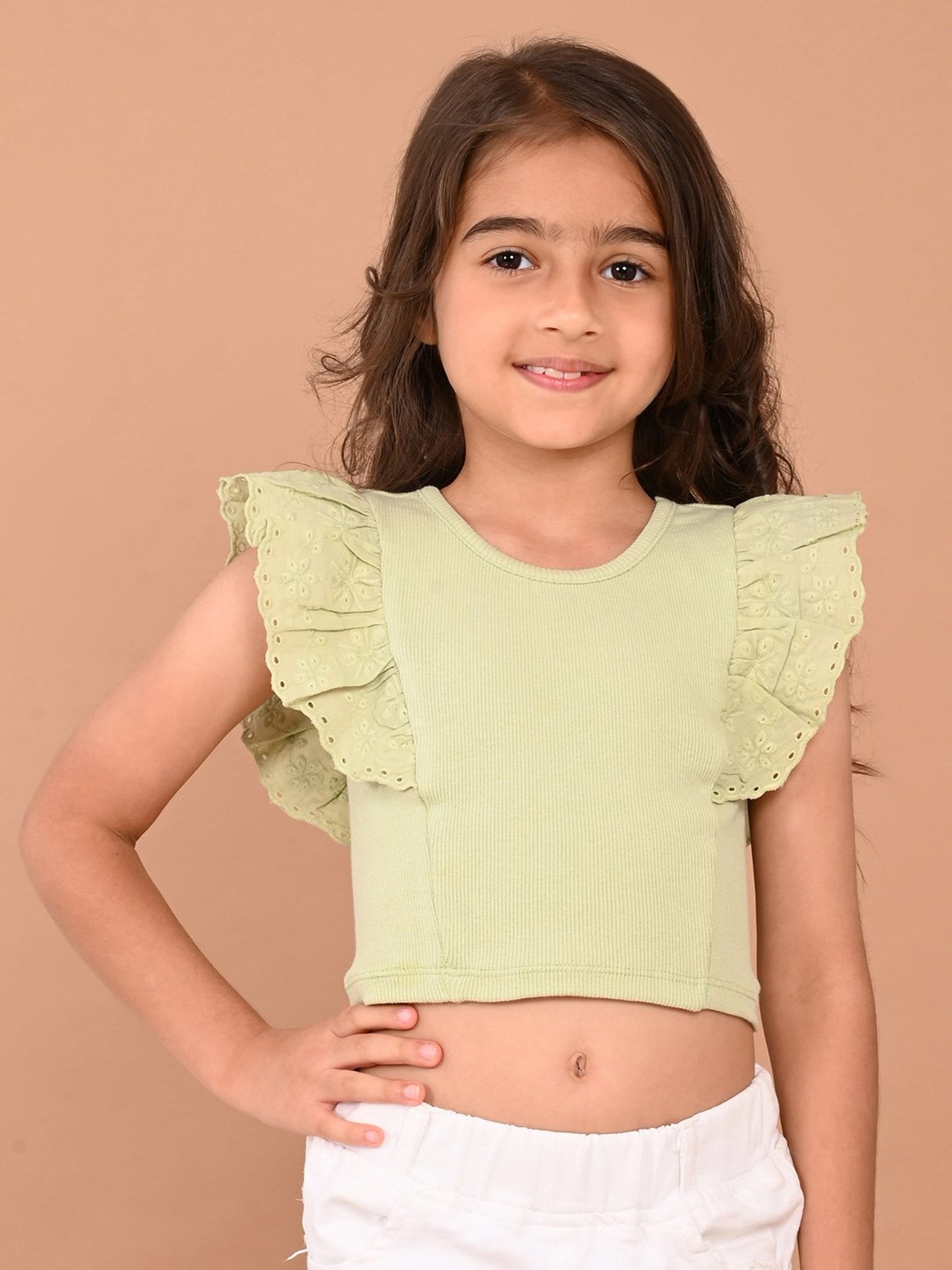 LilPicks Kids Green Solid Crop Top