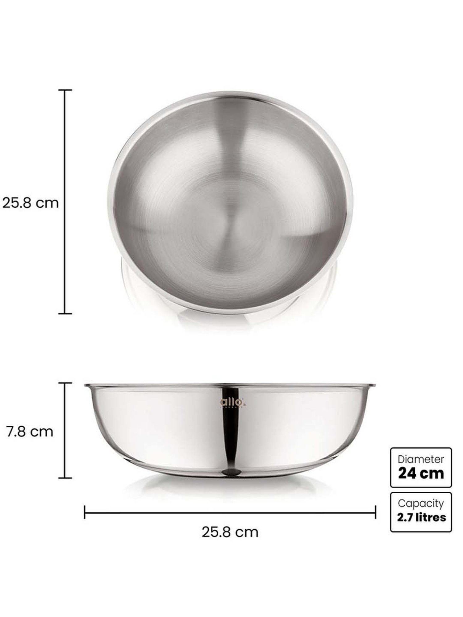 ALLO Silver Stainless Steel 24 cm Induction Friendly Triply Tasla (2.7 L)