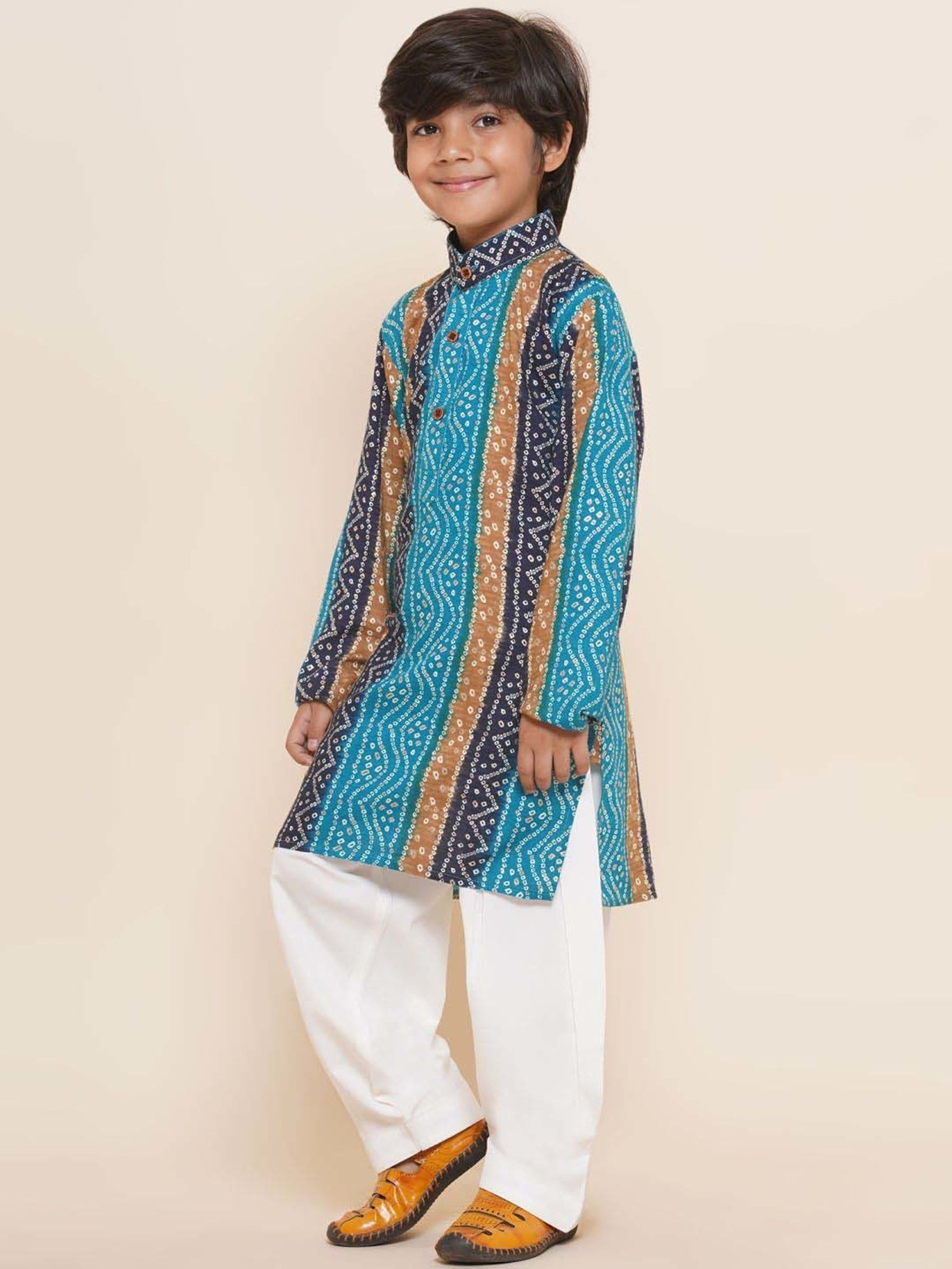 AJ Dezines Kids Blue & White Cotton Printed Full Sleeves Kurta Set