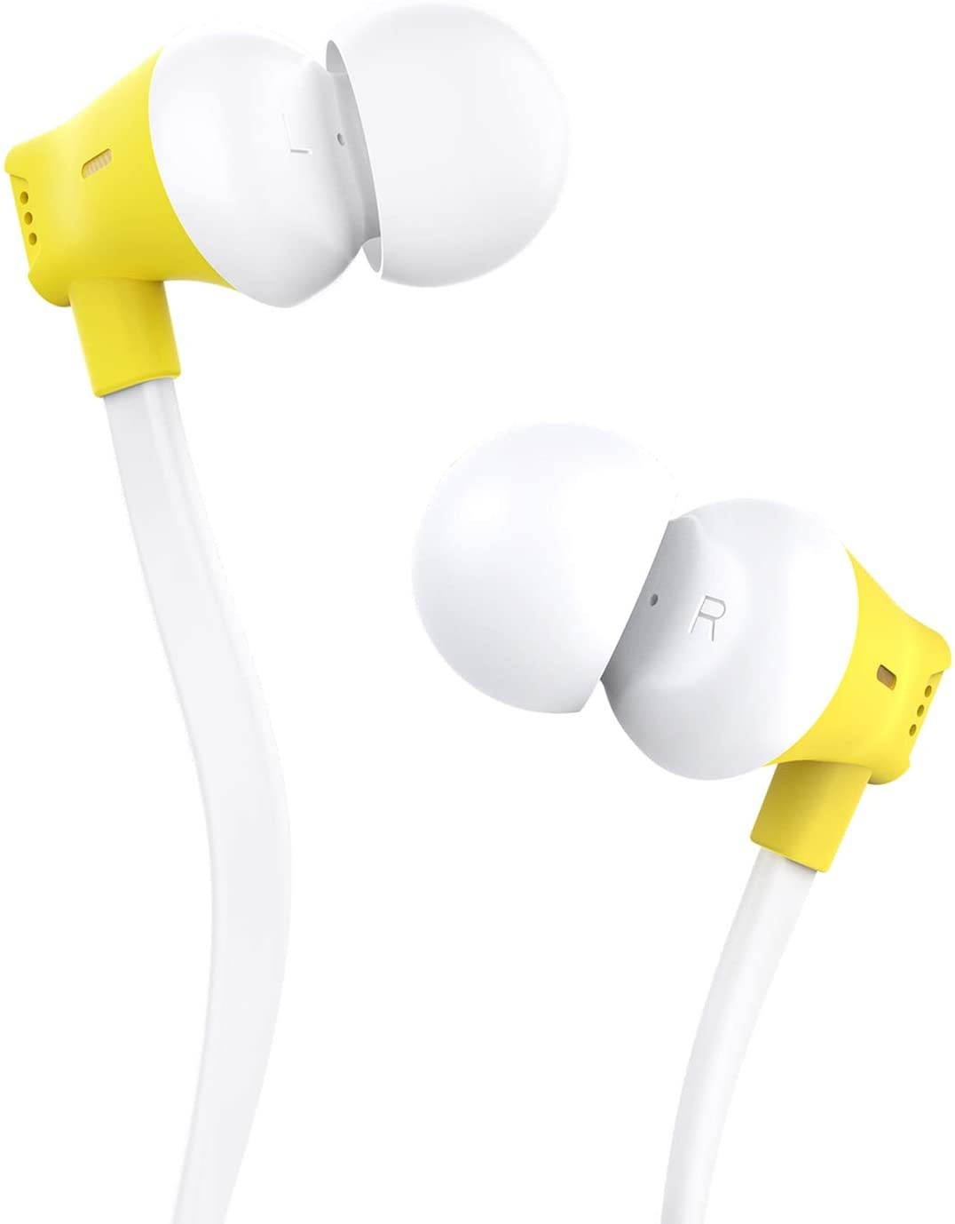 Earbuds Vogek Tangle-Free Flat Cord Ergonomic in-Ear Headphones with Dynamic Crystal Clear Sound Earphones with S/M/L Eartips Compatible with Samsung Android Phone and More-Yellow