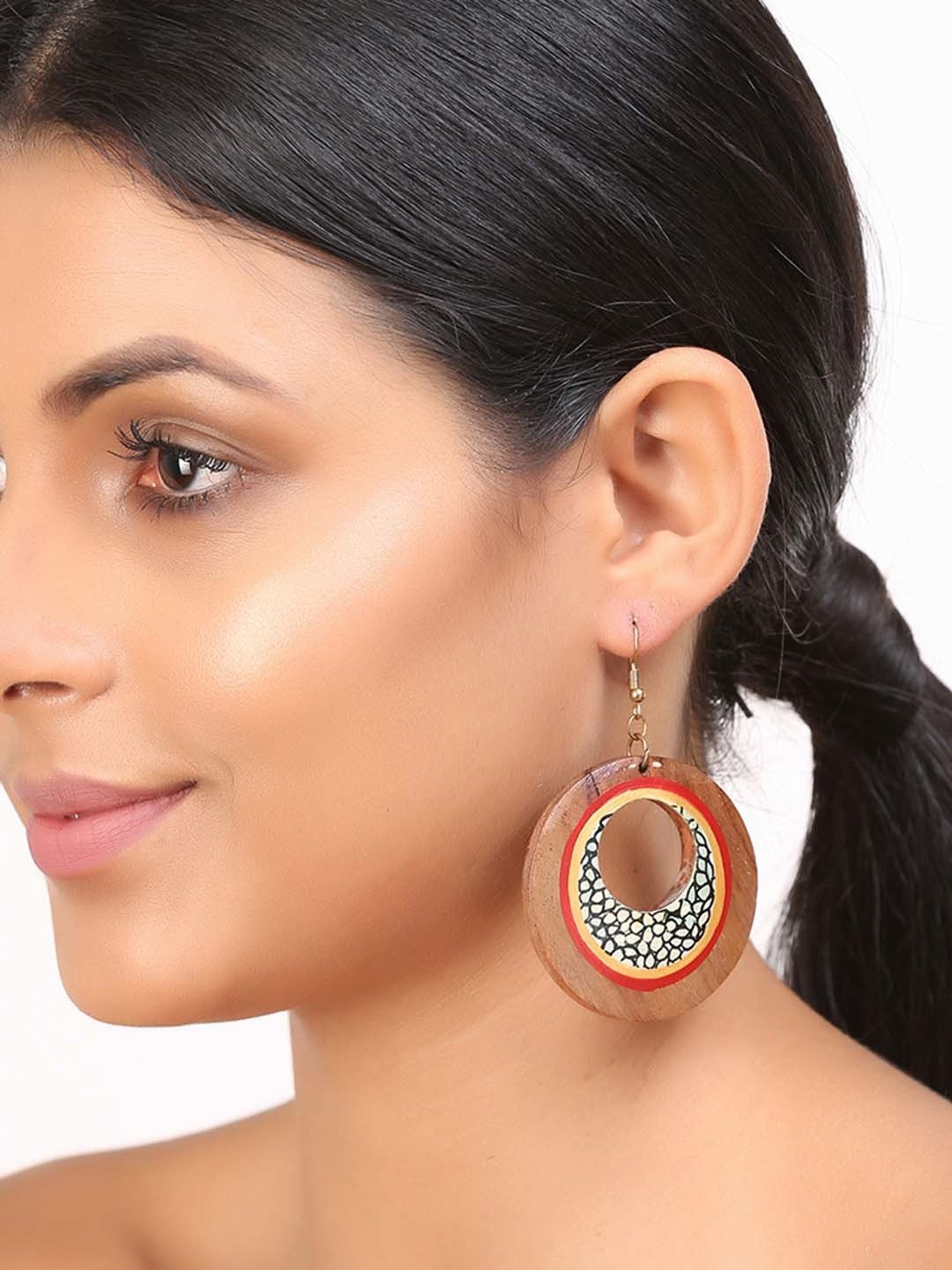 ExclusiveLane Handpainted Brown & Red Earrings in Mosaic Pattern (Sheesham Wood)
