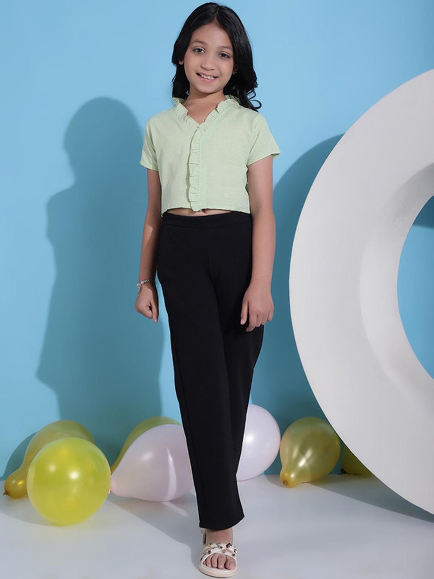 NEUDIS Kids Mint Green & Black Solid Top with Trousers