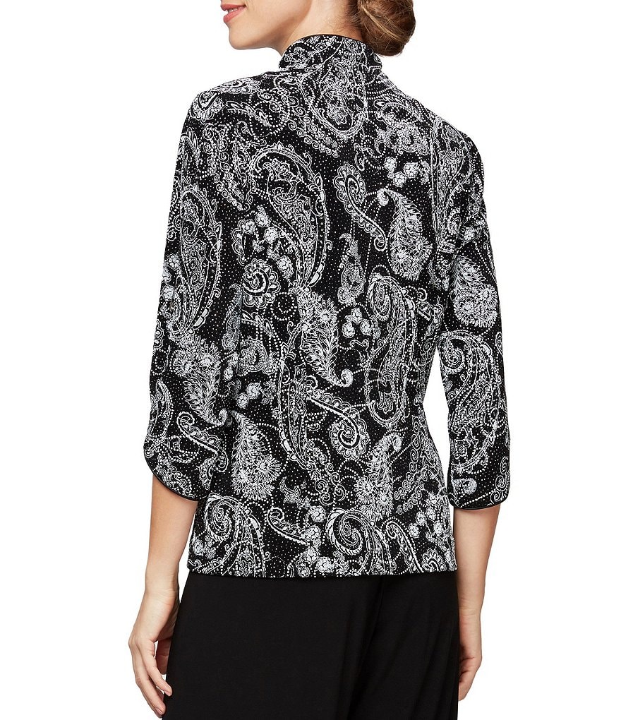 Alex Evenings Petite Size Mandarin Collar Zip Front Stretch Glitter Knit Jacket