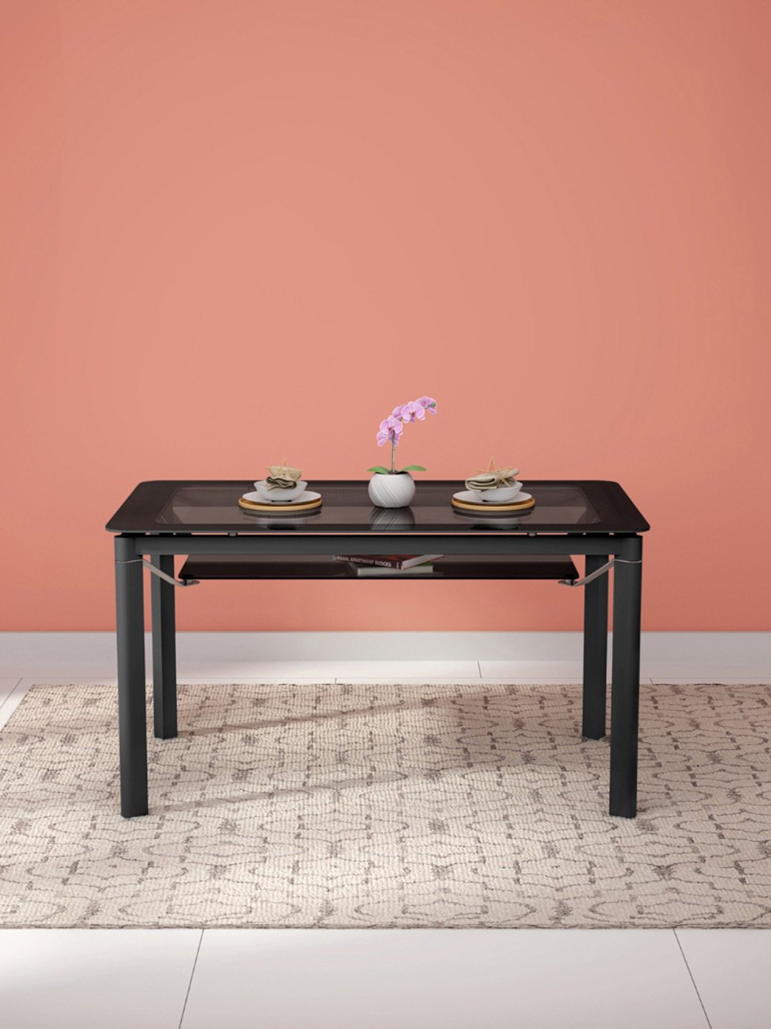 Godrej Interio Brawn Black Tempered Glass 6 Seater Rectangular Dining Table