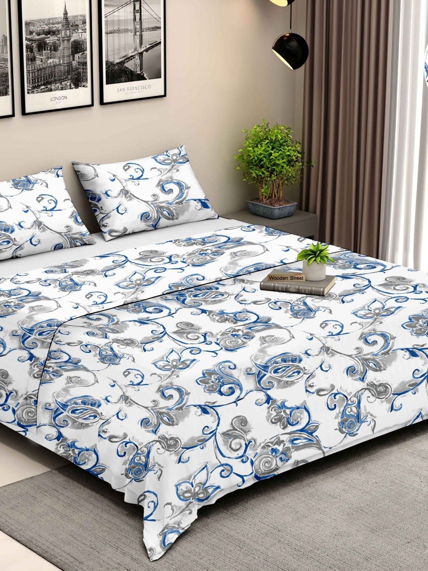Ariana Rome Floral Blue 210 TC Cotton Super king Bedsheet with 2 Pillow Covers