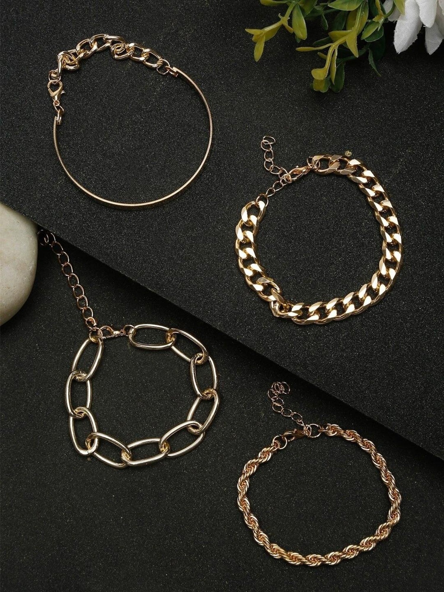 YouBella Women Gold-Toned Gold-Plated Flexible fit Bracelet - Set of 4