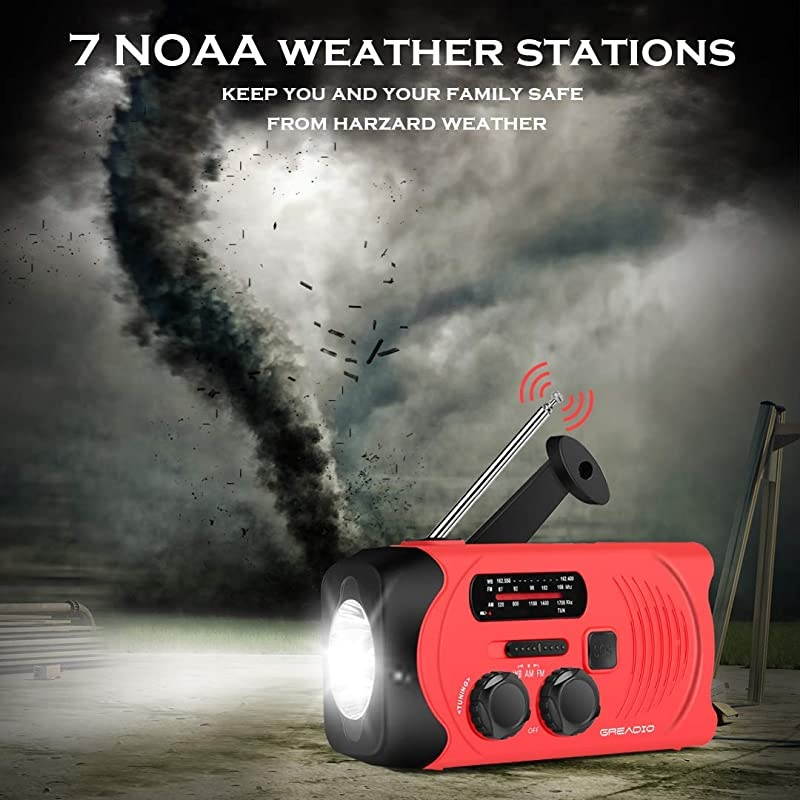 Hand Crank Radio Weather Solar NOAA Radio with AMFM Bright Flashlight SOS Alarm and 2000mAh Power Bank for and Outdoor Activies Red