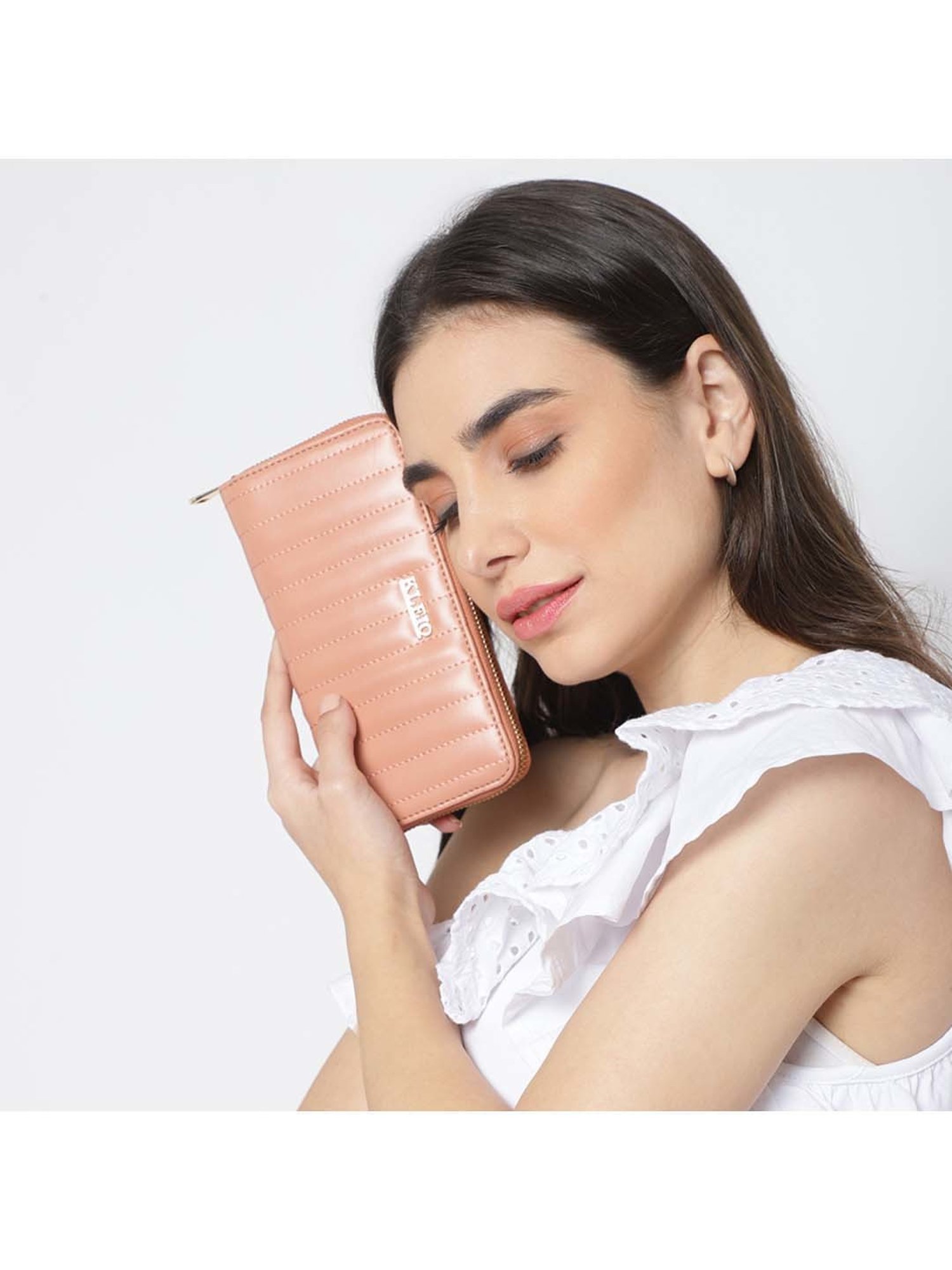 KLEIO Peach Quilted Zip Around Wallet for Women