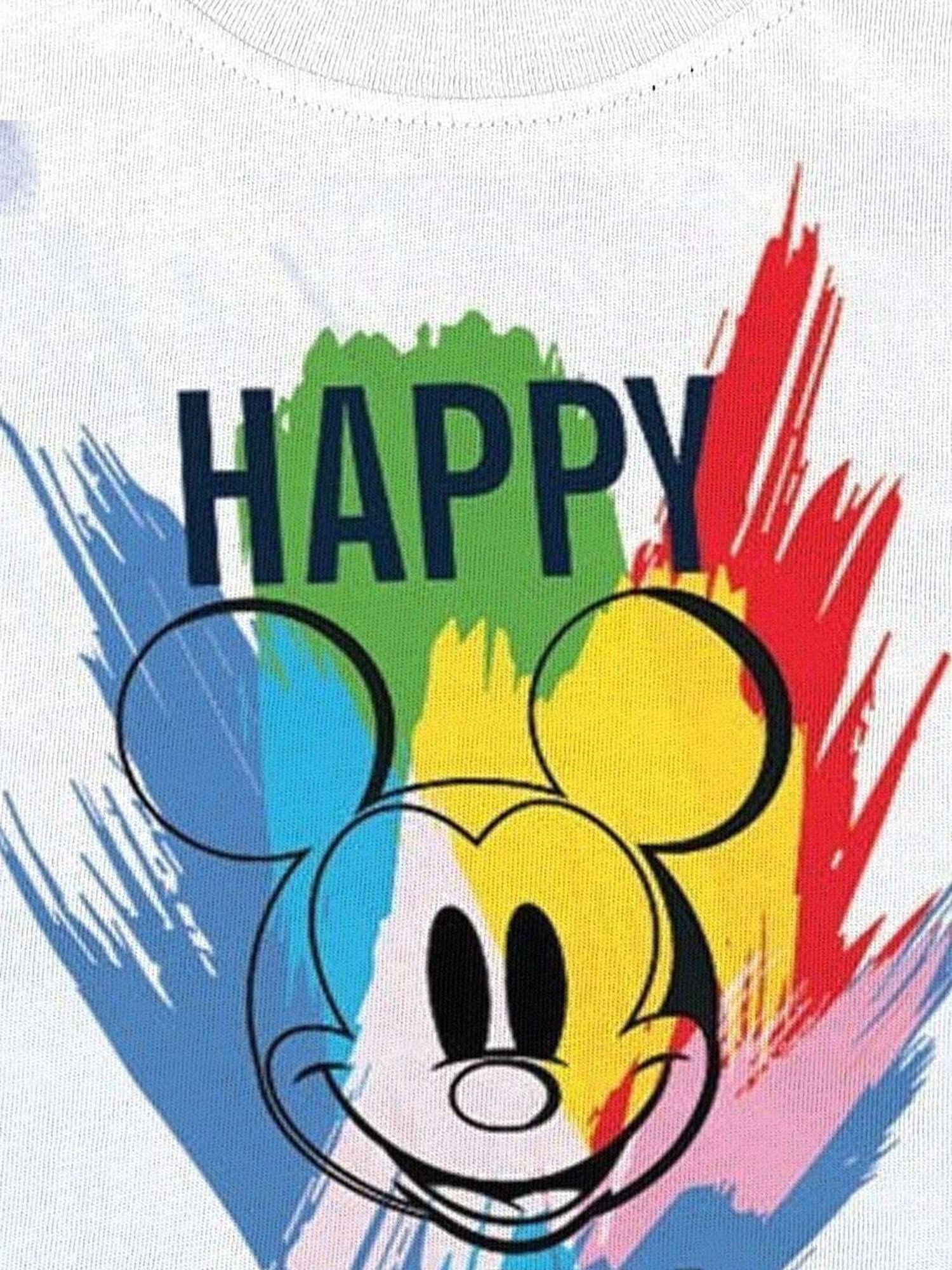 Bonkids White Cotton Disney Mickey Holi Printed T-Shirt