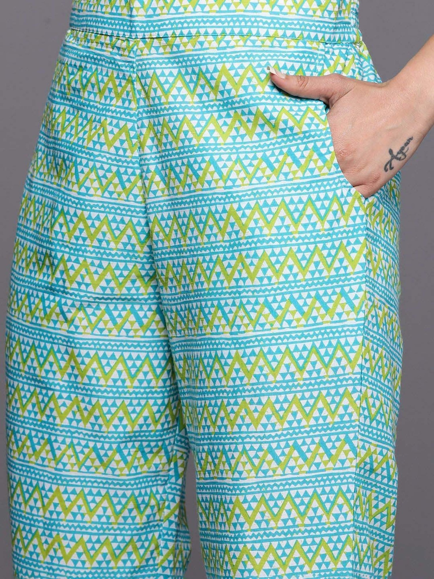 Libas Blue Cotton Printed Kurta Pant Set With Dupatta