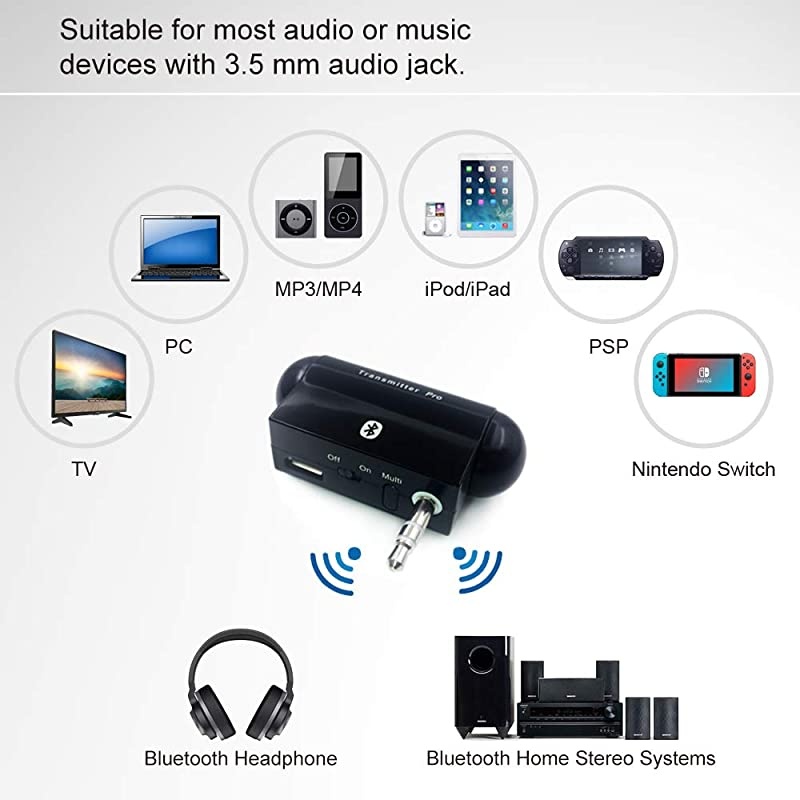 TxPro Bluetooth Wireless Multilink Stereo Audio Transmitter A2DP with 35 mm Audio Plug for iPod iPad Zune Zen Sansa Mp3 Players PSP Nintendo 3D TV Car Stereo Home Stereo