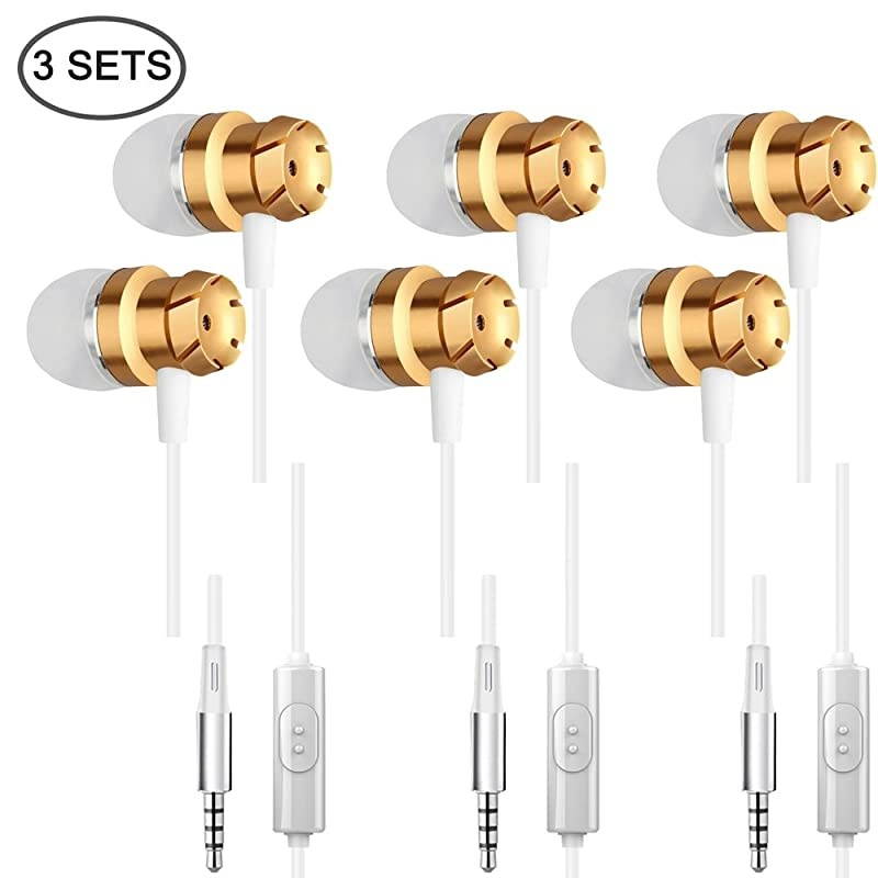 3 Packs Earbud Headphones with Remote Microphone  In Ear Earphone Stereo Sound Noise Isolating Tangle Free for iOS and Android Smartphones Laptops Gaming Fits All 35mm Interface Device