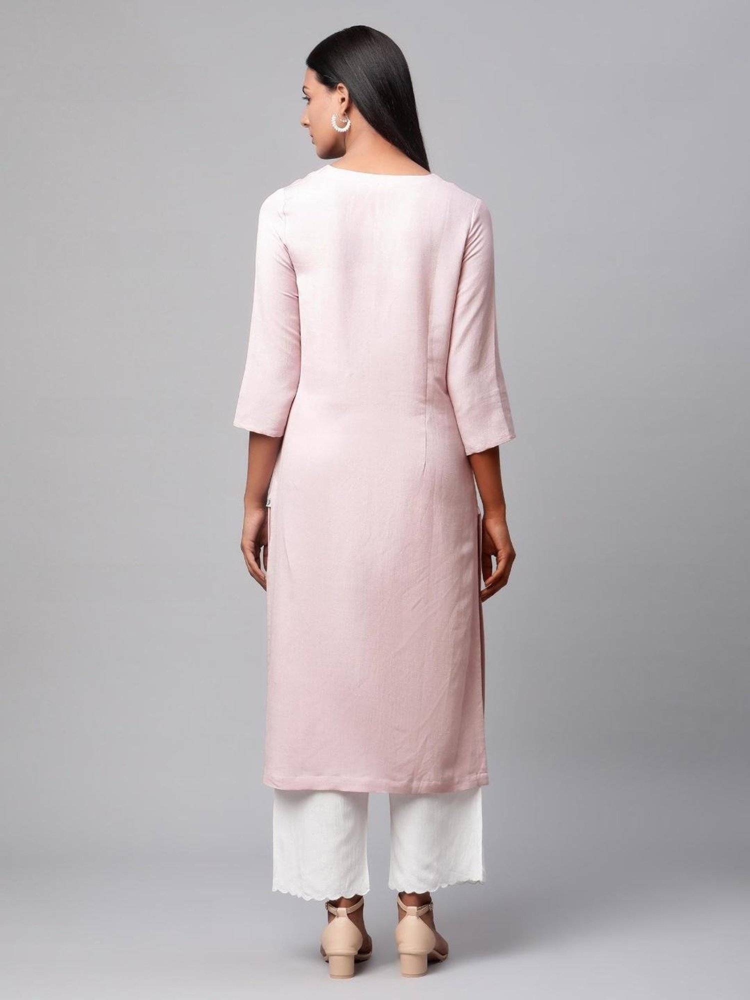 Linen Club Women Light Pink Embroidered Kurta