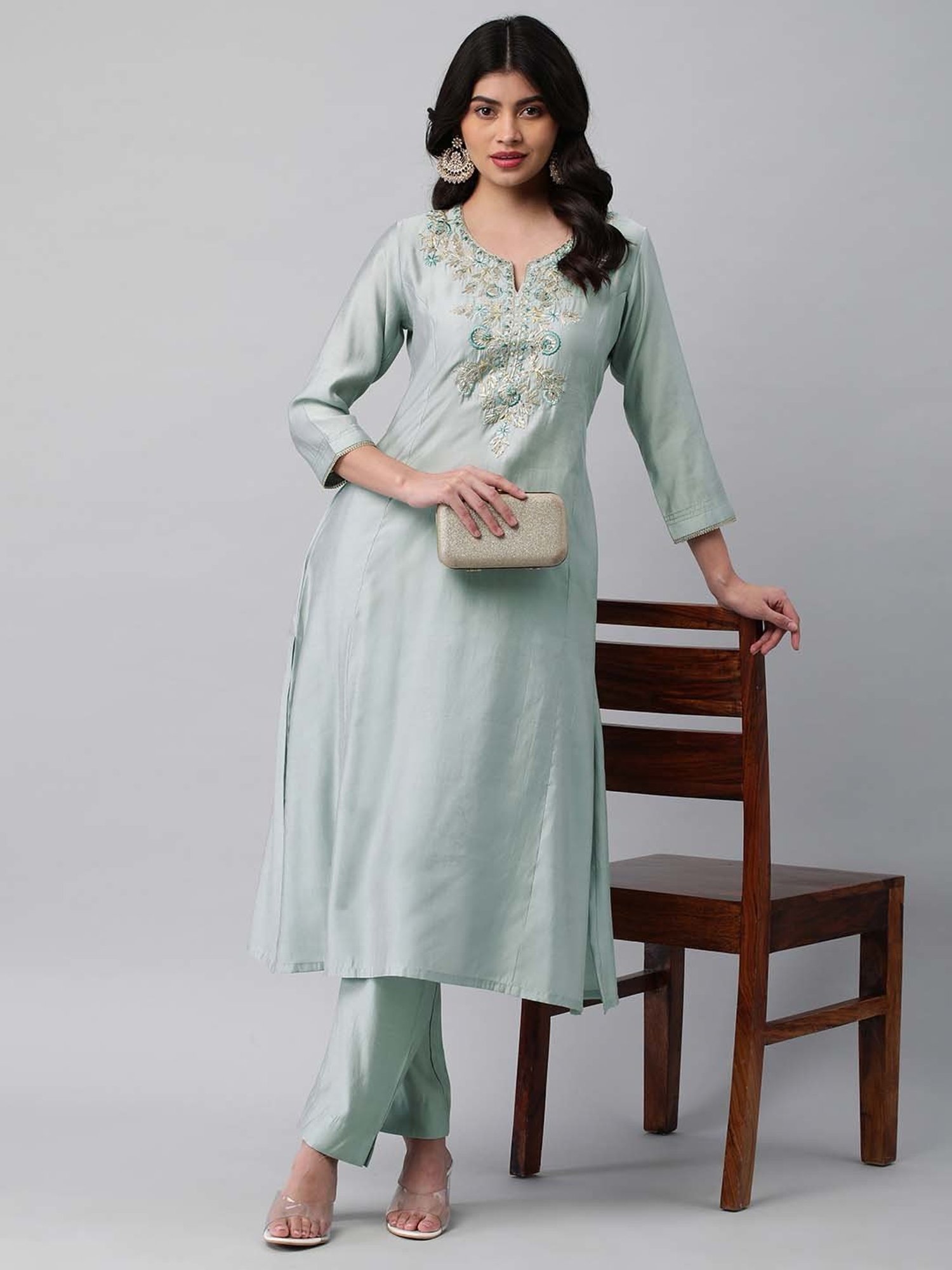 Kami Kubi Light Grey Embroidered Gotta Patti A Line Kurta