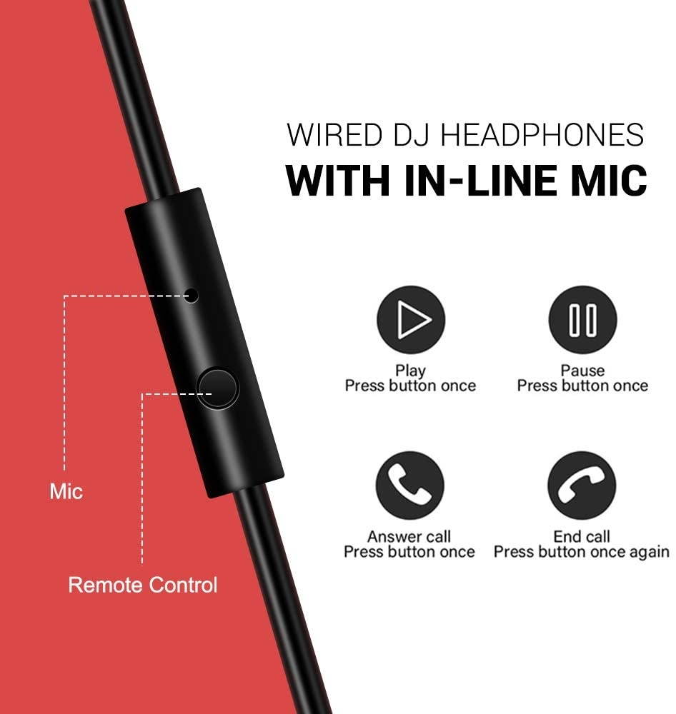 Over Ear Headphone Wired Bass Headsets with 50mm Driver Foldable Lightweight Headphones with Shareport and Mic for Recording Monitoring Podcast Guitar PC TV - (Red)