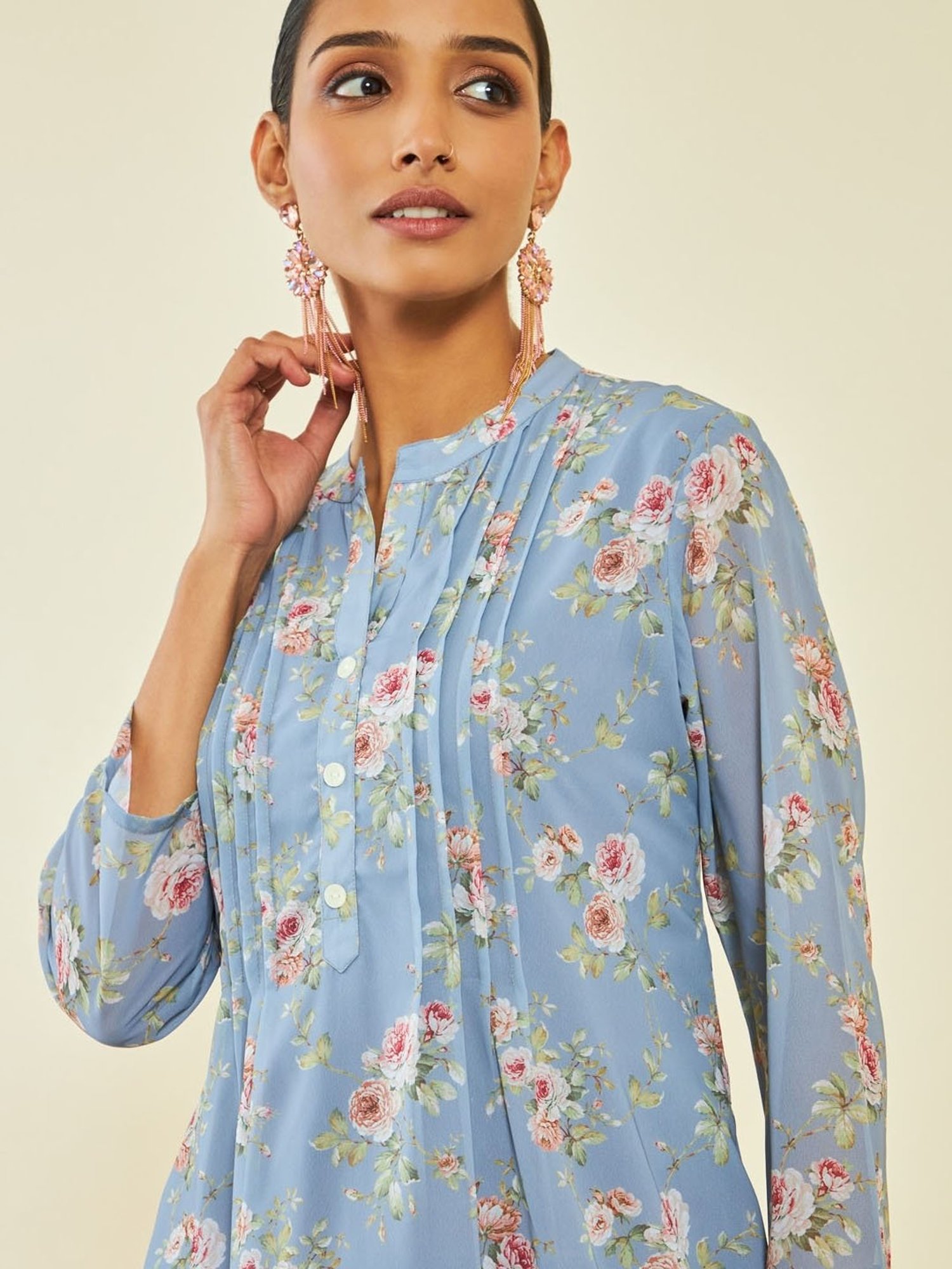 Soch Blue Georgette Floral Print A-Line Tunic