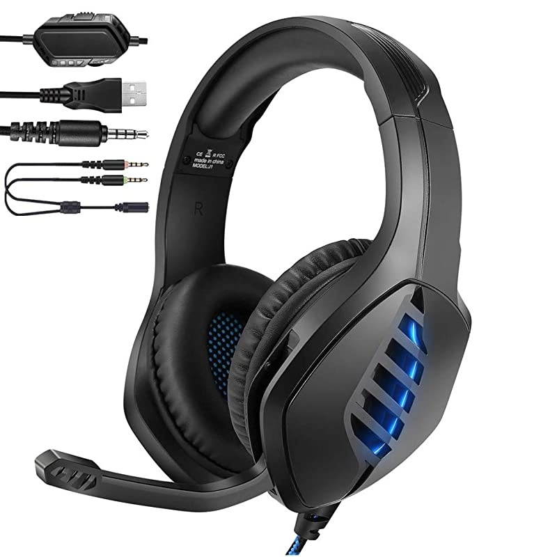 J1 Gaming Headset for PS4PC Xbox One ControllerNoise Cancelling Over Ear Headphones with Mic LED Light Bass Surround Soft Memory Earmuffs for Laptop Mac Nintendo Switch GamesBlue