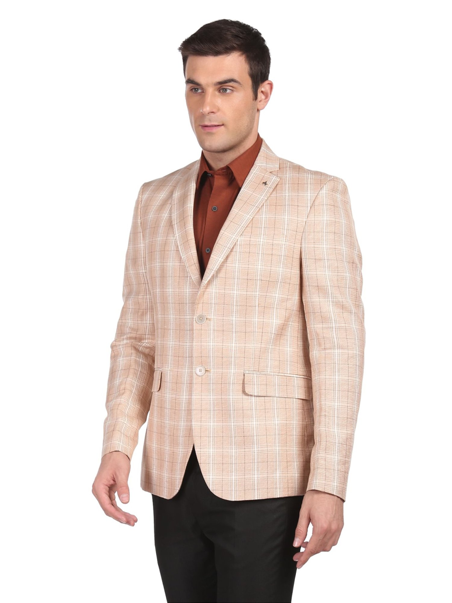 Arrow Beige Cotton Regular Fit Checks Blazers