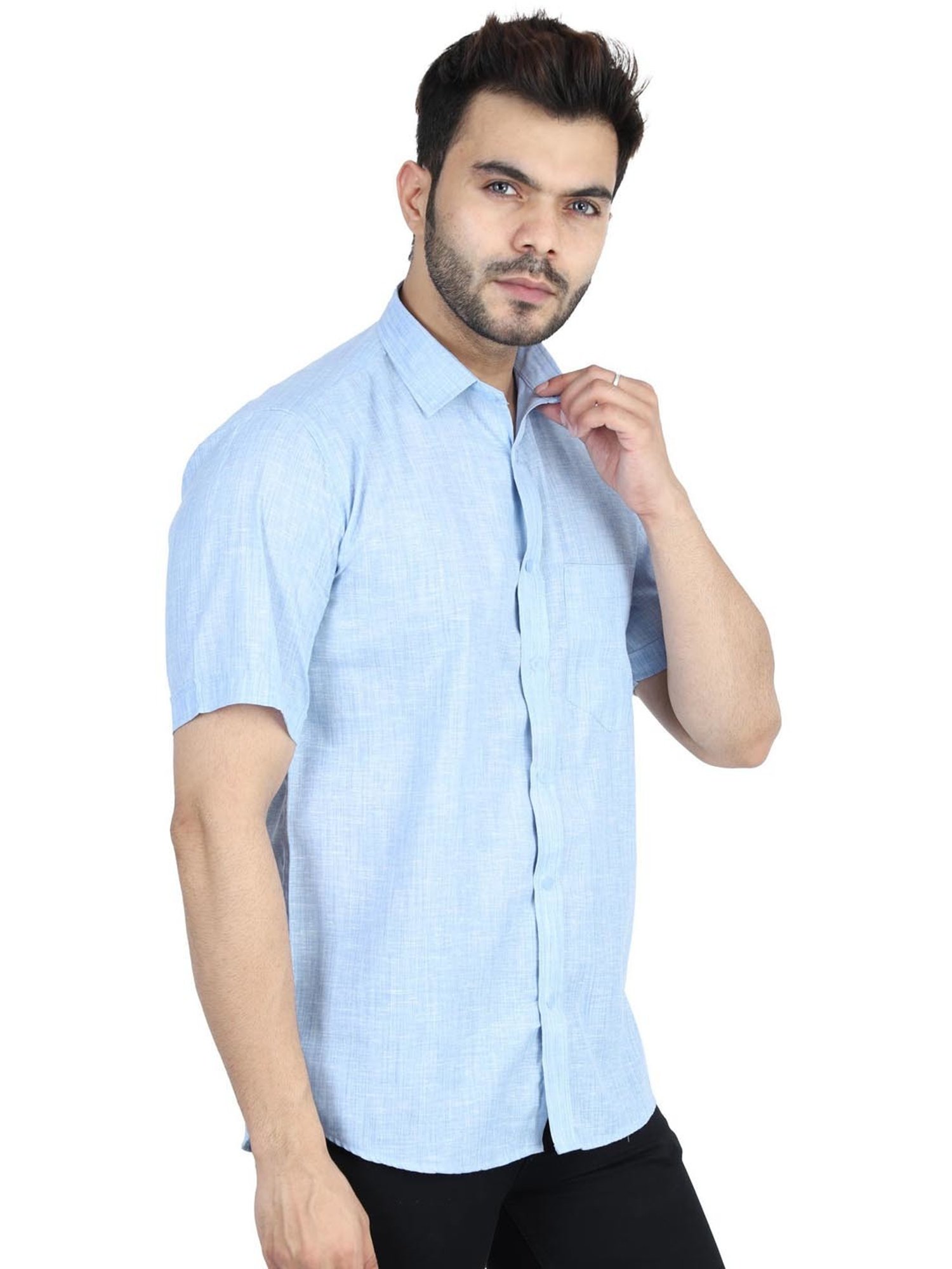 TAHVO Blue Cotton Slim Fit Shirt Pack of 2