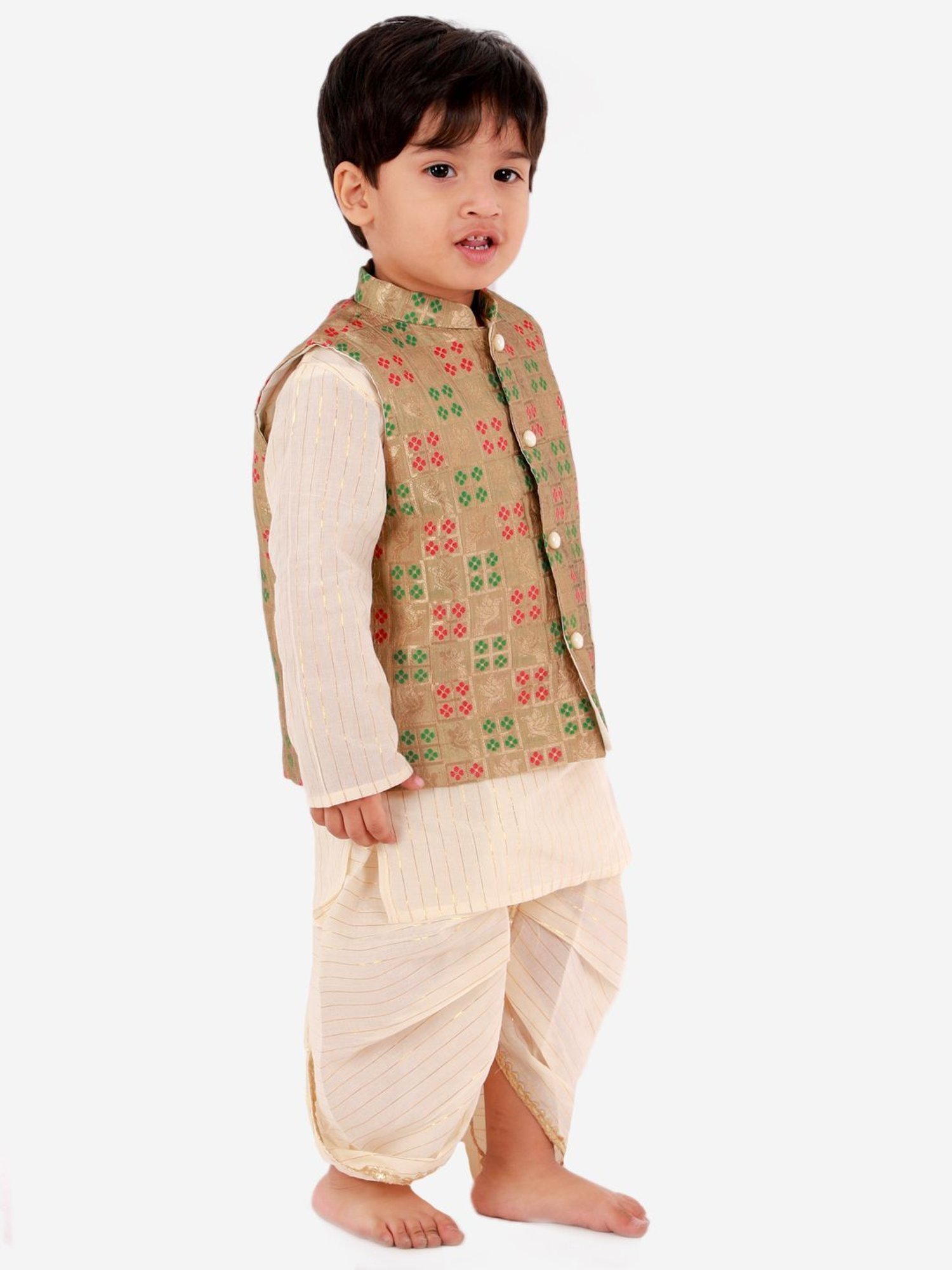 Little Bansi Kids Beige Cotton Zari Work Kurta Set
