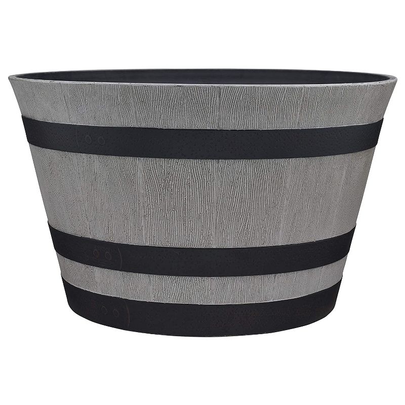 Southern Patio HDR-055457 Resin Whiskey Barrel Indoor Outdoor Garden Planter Pot for Vegetables, Trees, Plants, and Flowers, Gray