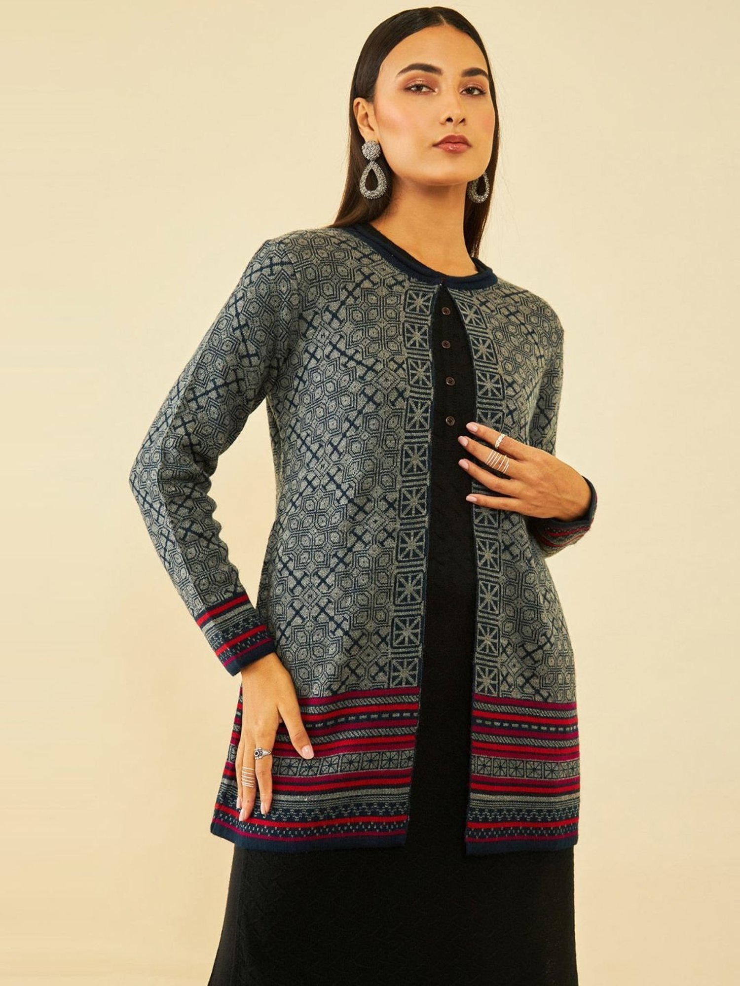 Soch Navy Blue Acrylic Ethnic Motifs Pattern Knitted Open-Front Longline Shrug
