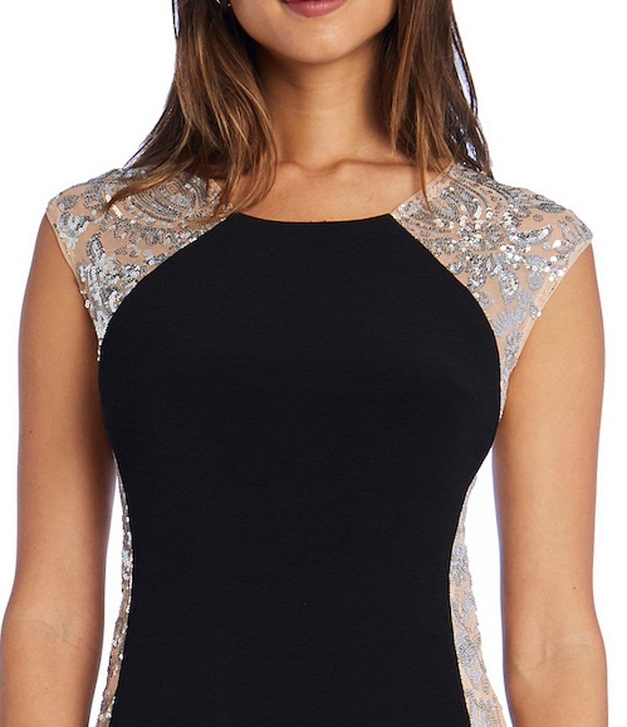 R & M Richards Beaded Power Mesh Side Panel Knit Jersey Sheath Dress