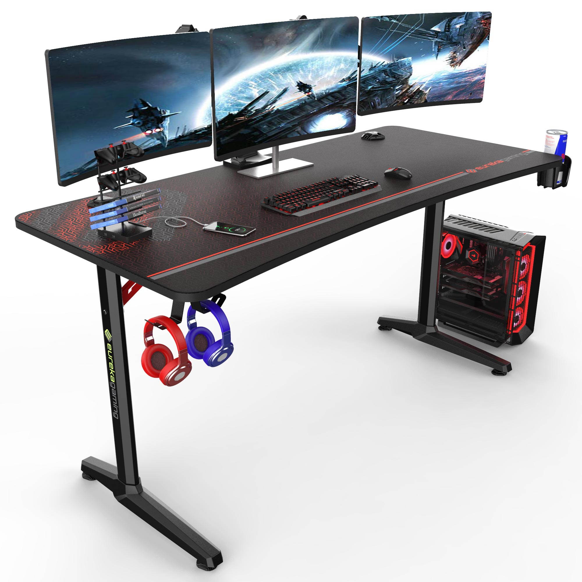 Eureka Ergonomic&reg; Gaming Desk, New Polygon Legs Design Captain Series Home Office Computer Desk with Free Mousepad, Controller Stand, Cup Holder & Headphone Hook- Black, 60"