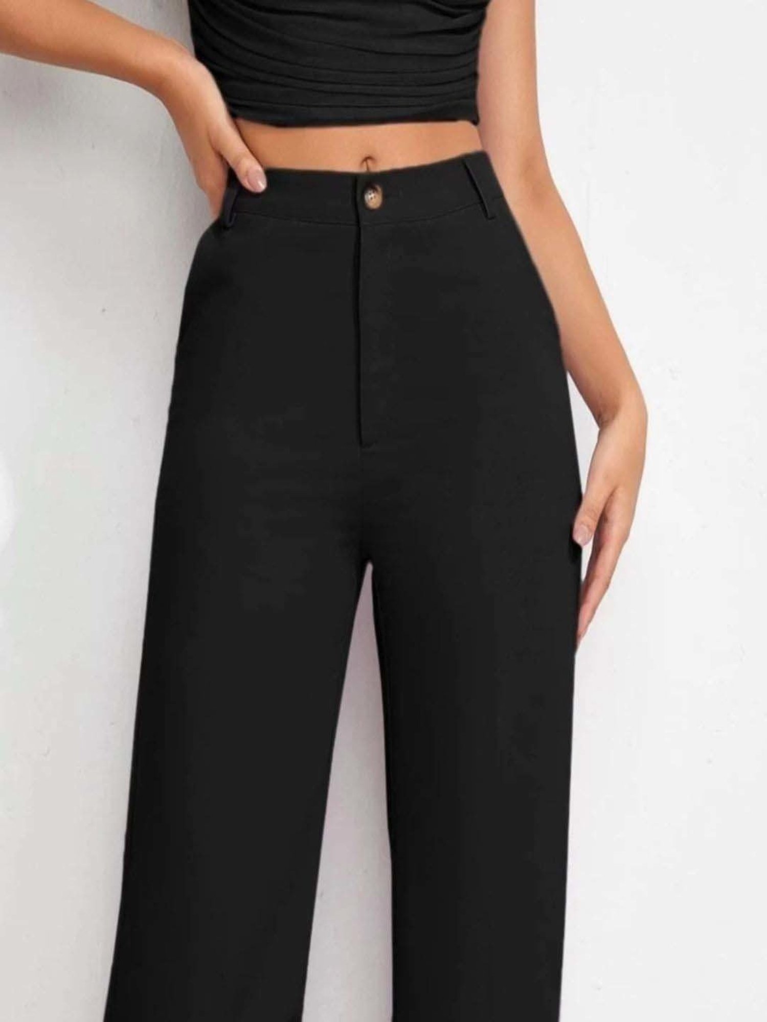 BUYNEWTREND Black High rise Formal Trousers