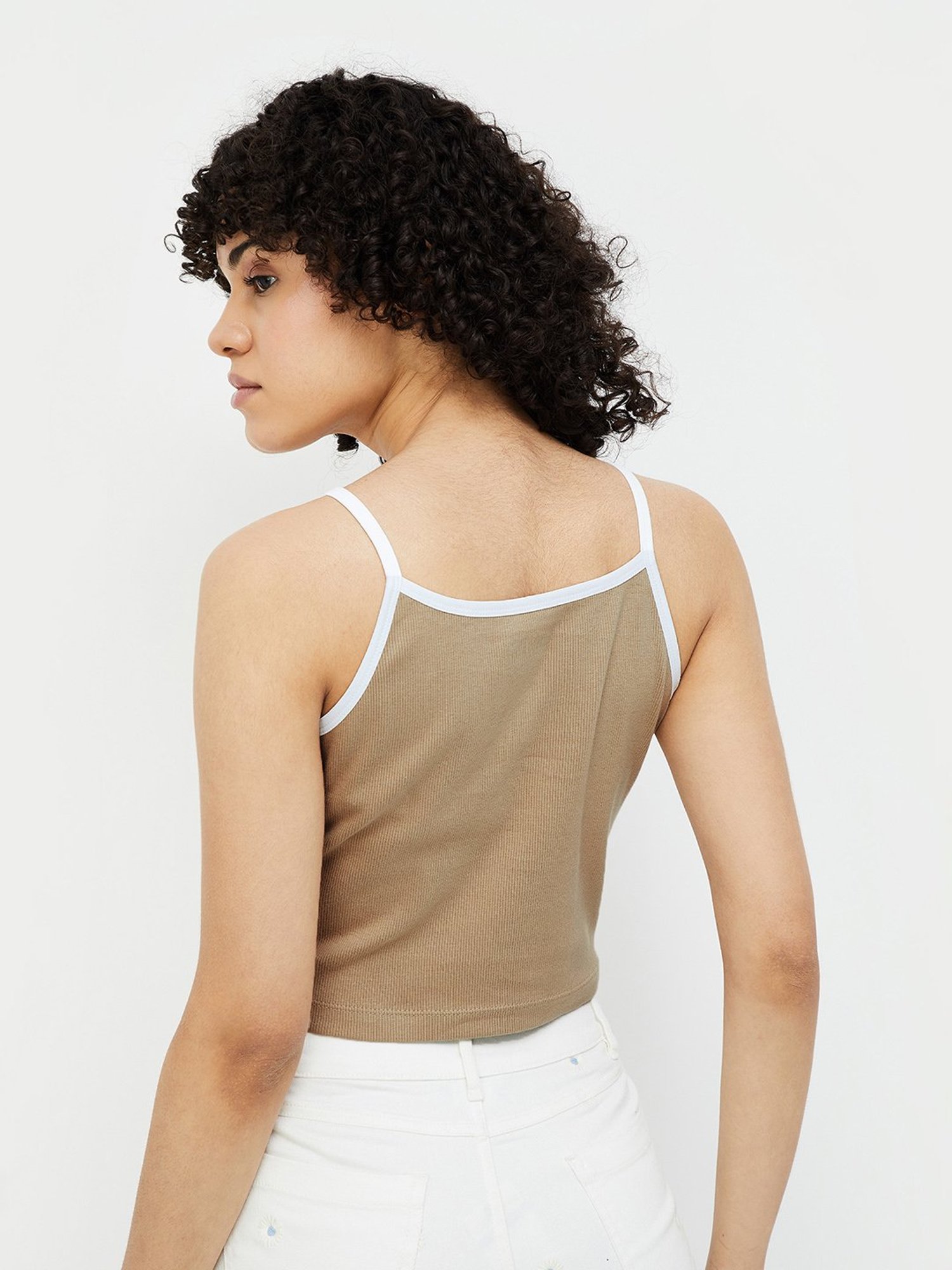 Ginger by Lifestyle Beige Cotton Graphic Tank Top