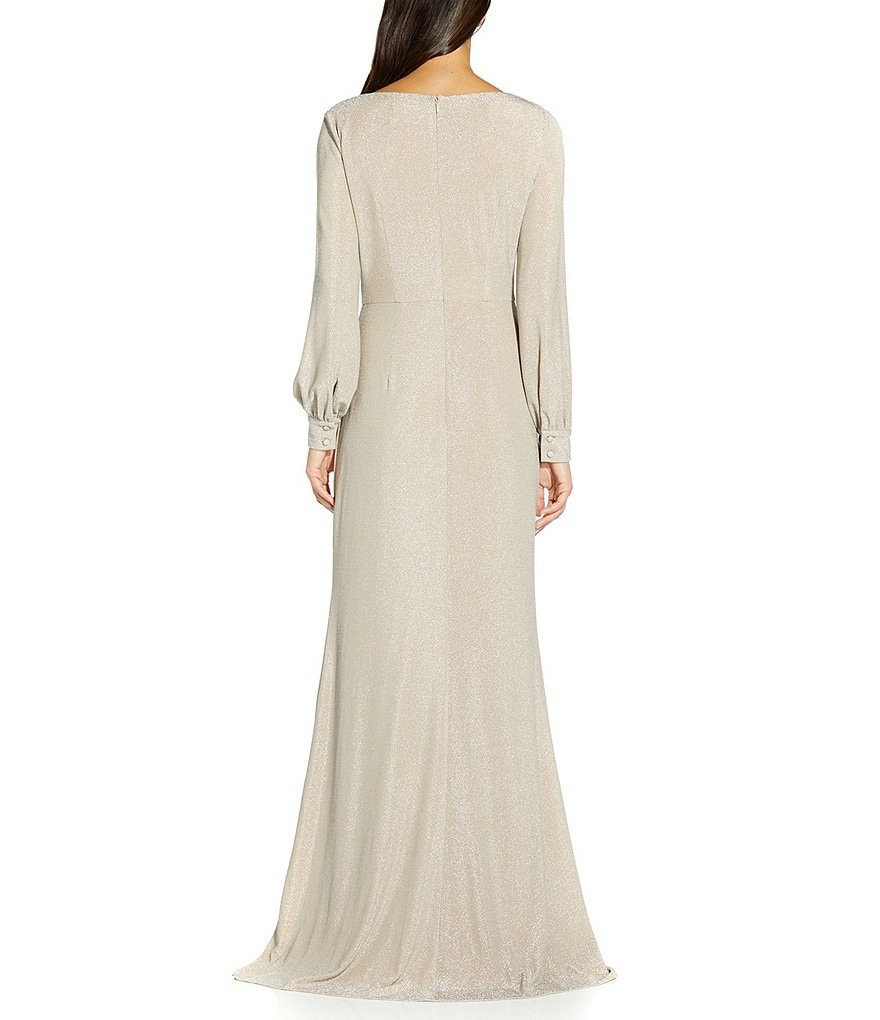 Adrianna Papell Metallic Knit Faux Wrap Surplice V-Neck Long Sleeve Ruffle Gown
