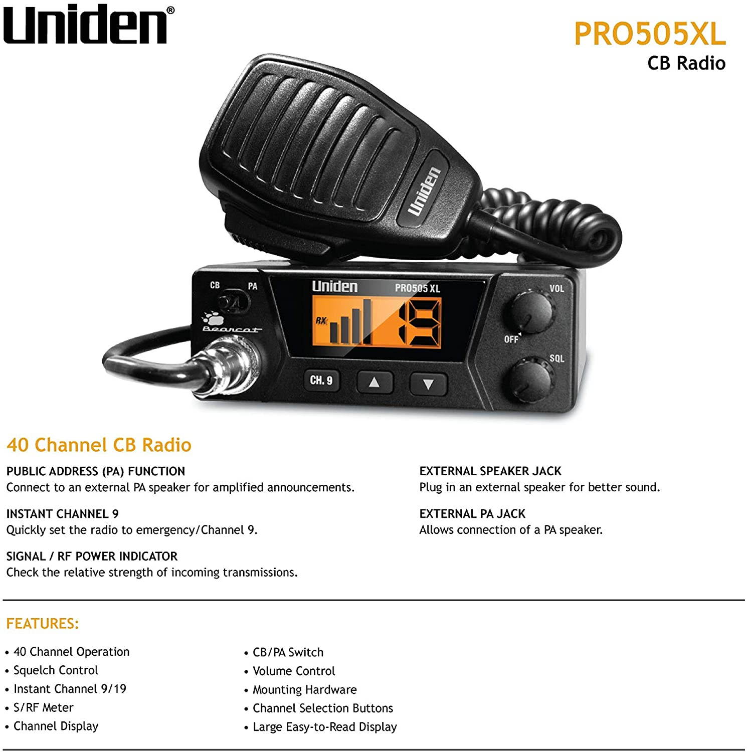 Uniden PRO505XL Bearcat Compact 40 Channel CB Radio