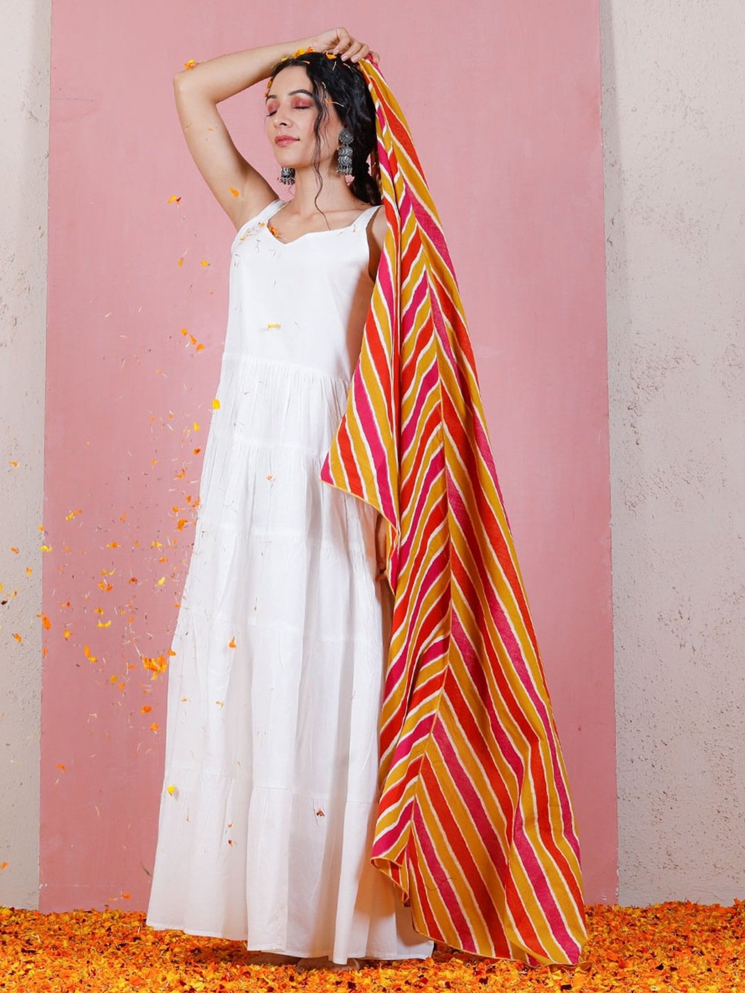 Rustorange White A Line Kurta With Dupatta