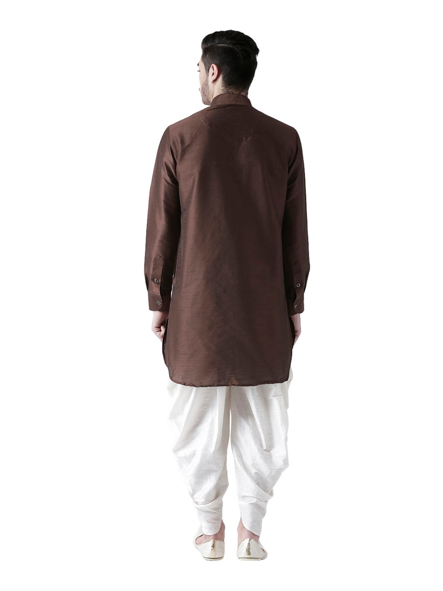 Deyann Dark Brown & White Mandarin Collar Silk Kurta Set